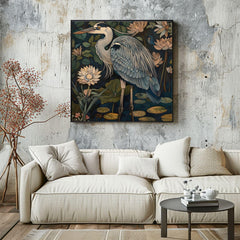 William Morris Style Blue Heron Art, Vintage Coastal Home Decor, Framed Nature Canvas Art, Vintage Inspired Illustration,Ready to Hang Decor