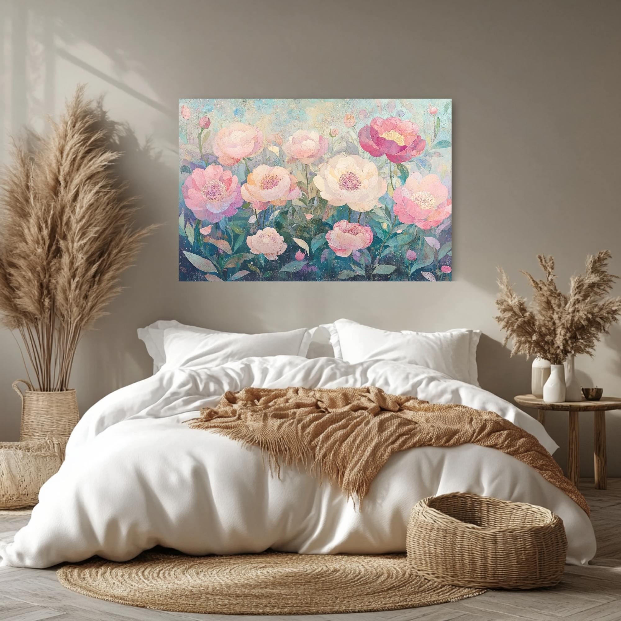 Peony Wooden Framed Canvas Art, Peony Floral Wall Art, Landscape Flower Print, Botanical Decor, Pink Garden Artwork, Nature Flower Painting