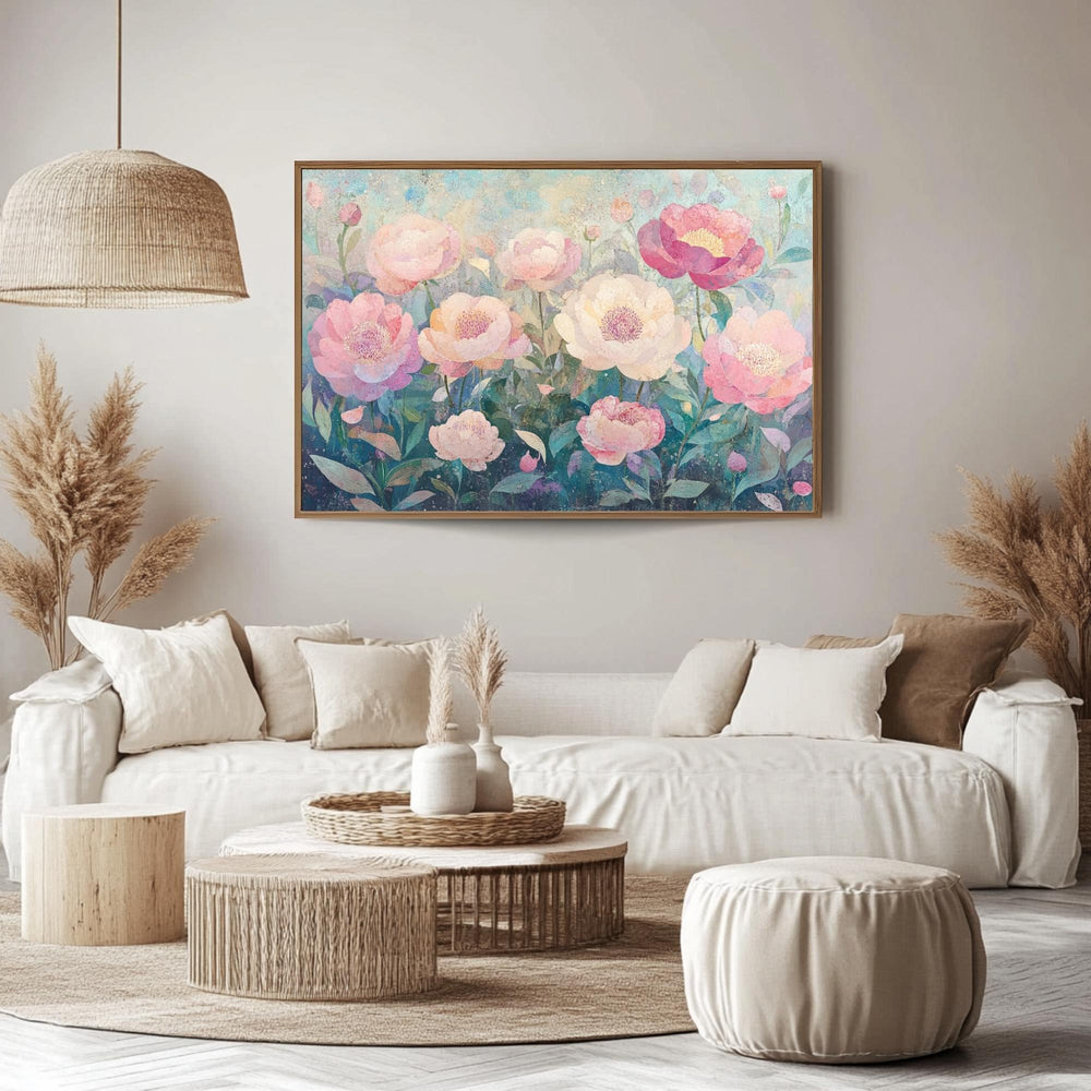 Peony Wooden Framed Canvas Art, Peony Floral Wall Art, Landscape Flower Print, Botanical Decor, Pink Garden Artwork, Nature Flower Painting