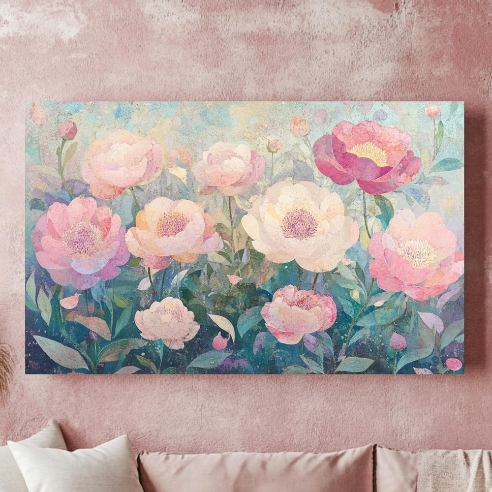 Peony Wooden Framed Canvas Art, Peony Floral Wall Art, Landscape Flower Print, Botanical Decor, Pink Garden Artwork, Nature Flower Painting