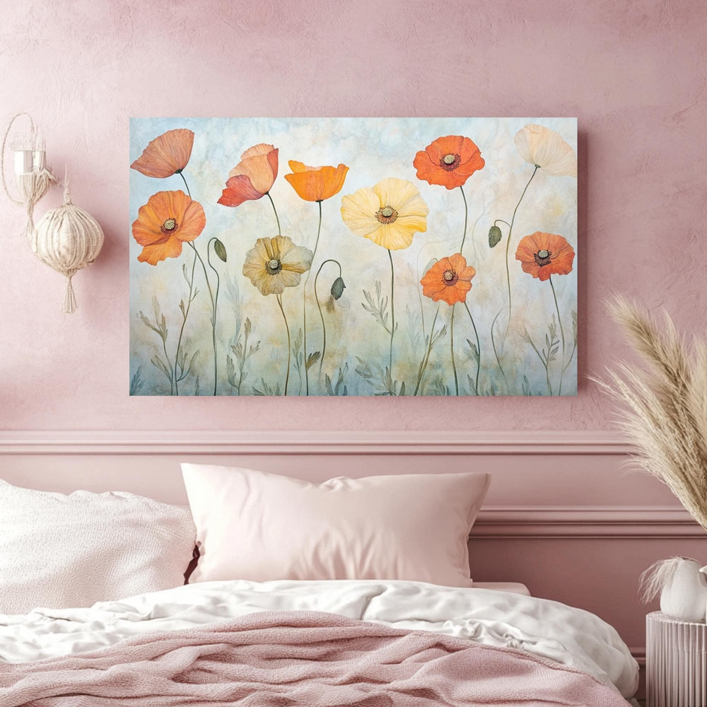Orange Poppies Canvas, Wooden Frame Wall Art, Landscape Botanical Print, Floral Garden Artwork, Nature Flower Decor, Poppy Painting