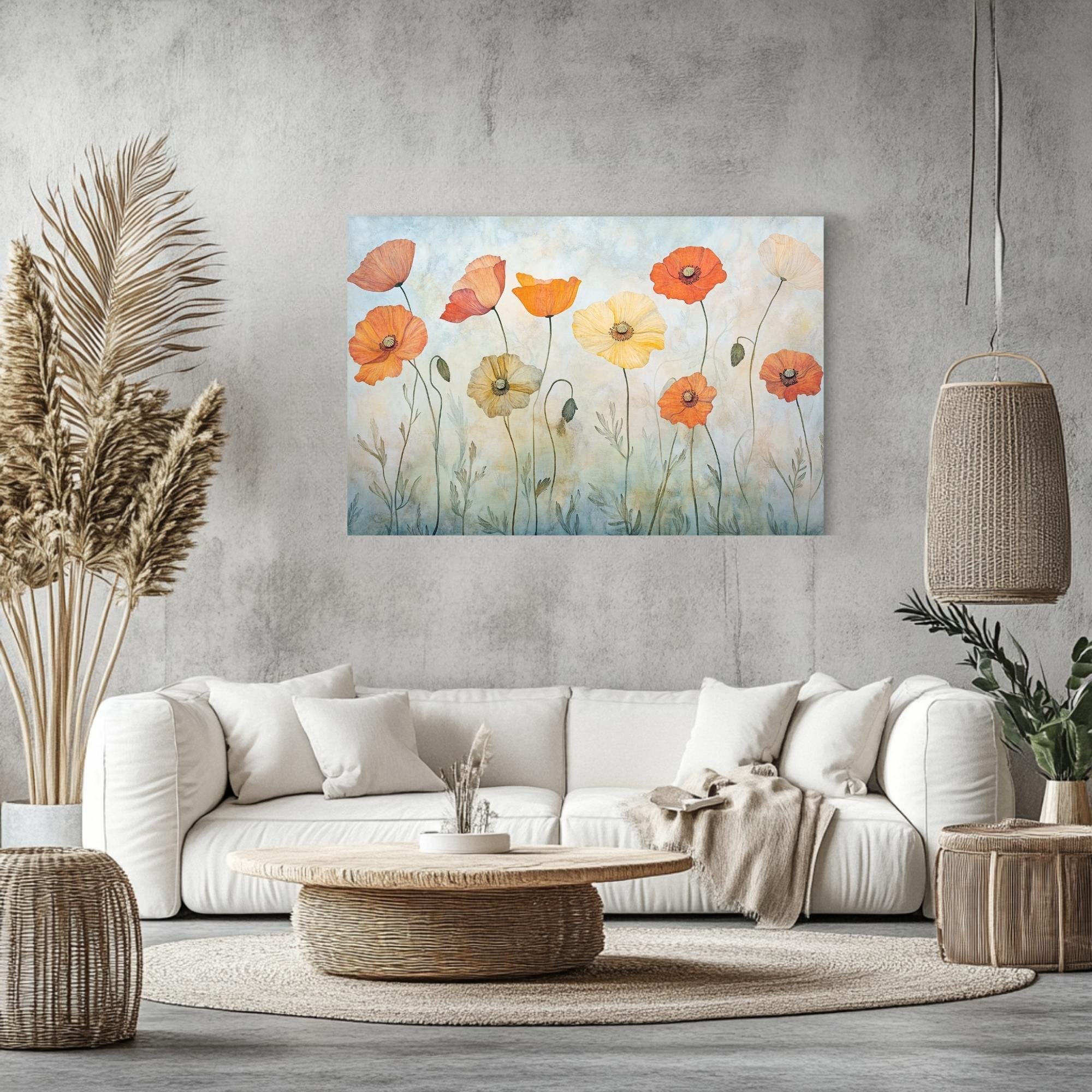 Orange Poppies Canvas, Wooden Frame Wall Art, Landscape Botanical Print, Floral Garden Artwork, Nature Flower Decor, Poppy Painting