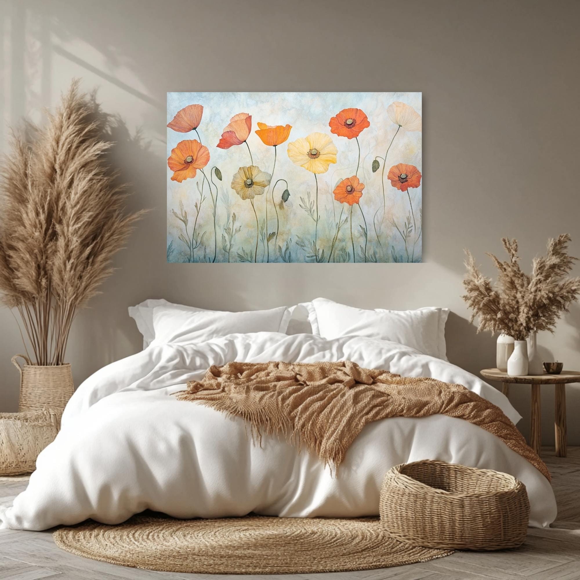 Orange Poppies Canvas, Wooden Frame Wall Art, Landscape Botanical Print, Floral Garden Artwork, Nature Flower Decor, Poppy Painting