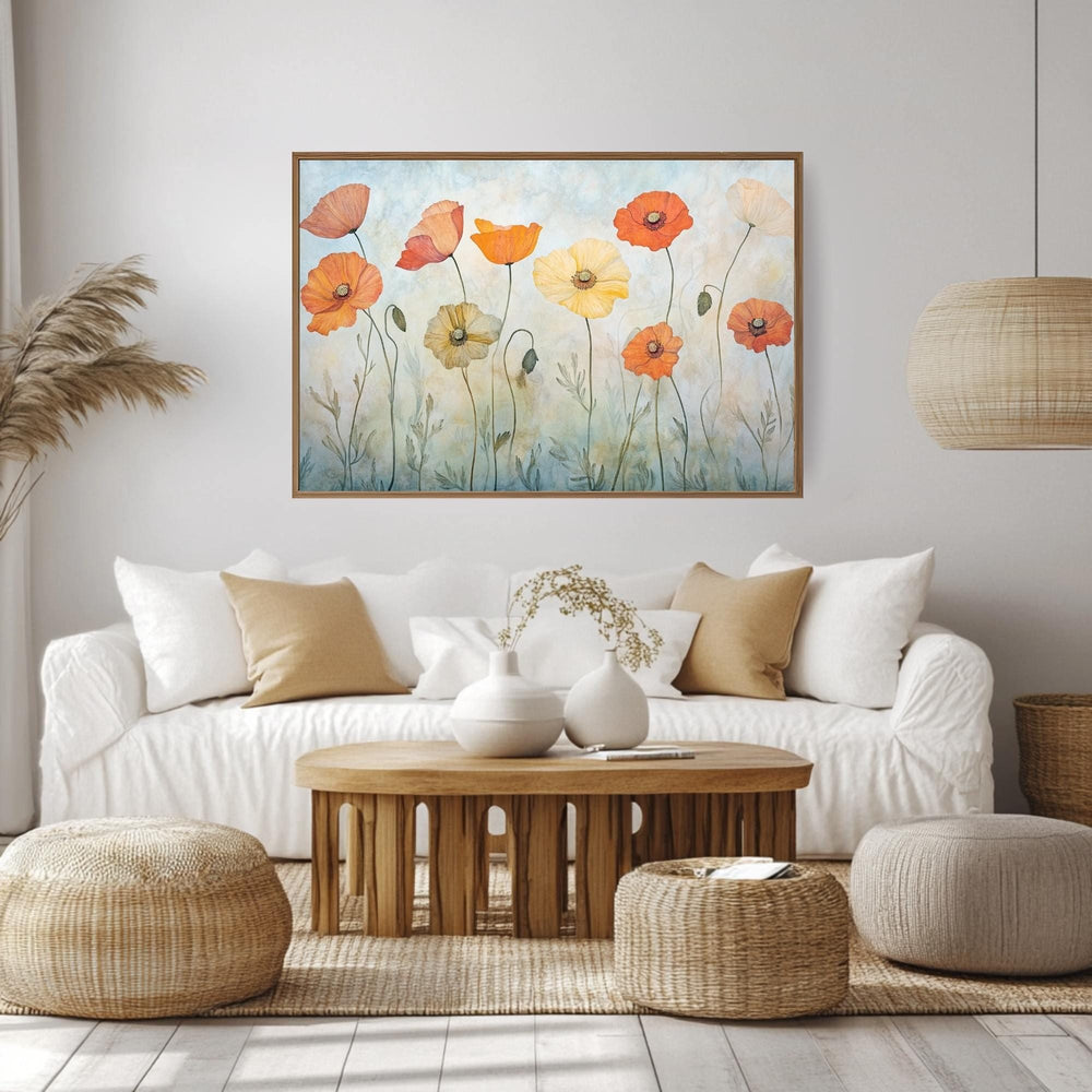 Orange Poppies Canvas, Wooden Frame Wall Art, Landscape Botanical Print, Floral Garden Artwork, Nature Flower Decor, Poppy Painting