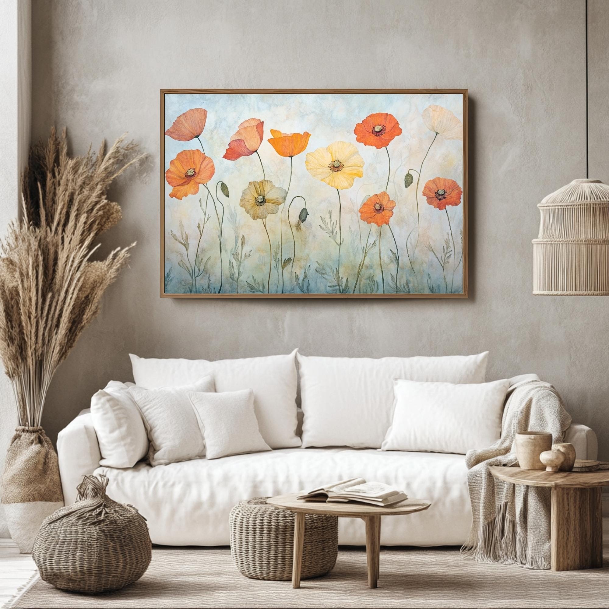 Orange Poppies Canvas, Wooden Frame Wall Art, Landscape Botanical Print, Floral Garden Artwork, Nature Flower Decor, Poppy Painting