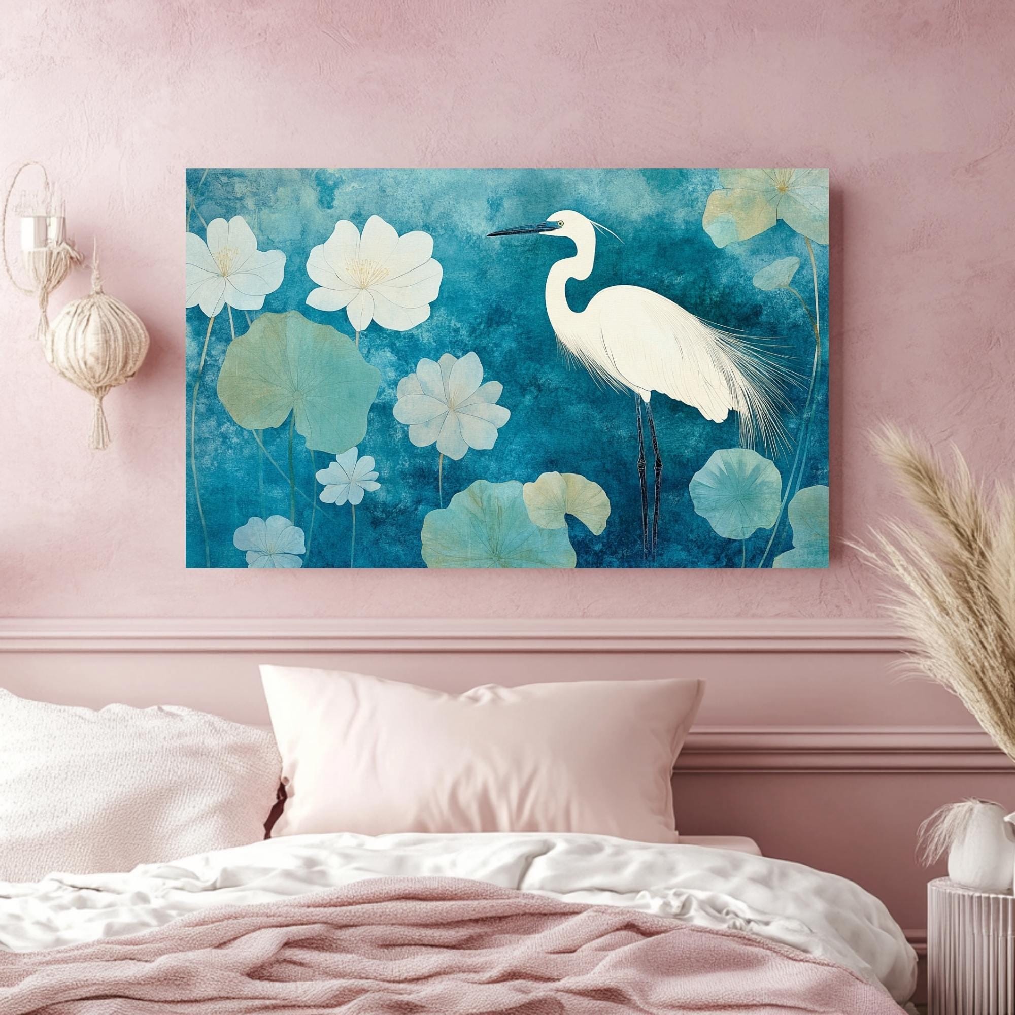 Heron Wooden Frame Canvas, Heron Bird Wall Art, Lotus Flower Print, Blue Water Garden Decor, Zen Pond Artwork, Tranquil Bird Painting