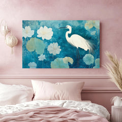 Heron Wooden Frame Canvas, Heron Bird Wall Art, Lotus Flower Print, Blue Water Garden Decor, Zen Pond Artwork, Tranquil Bird Painting