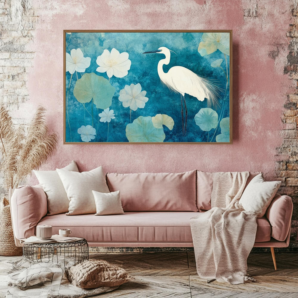 Heron Wooden Frame Canvas, Heron Bird Wall Art, Lotus Flower Print, Blue Water Garden Decor, Zen Pond Artwork, Tranquil Bird Painting