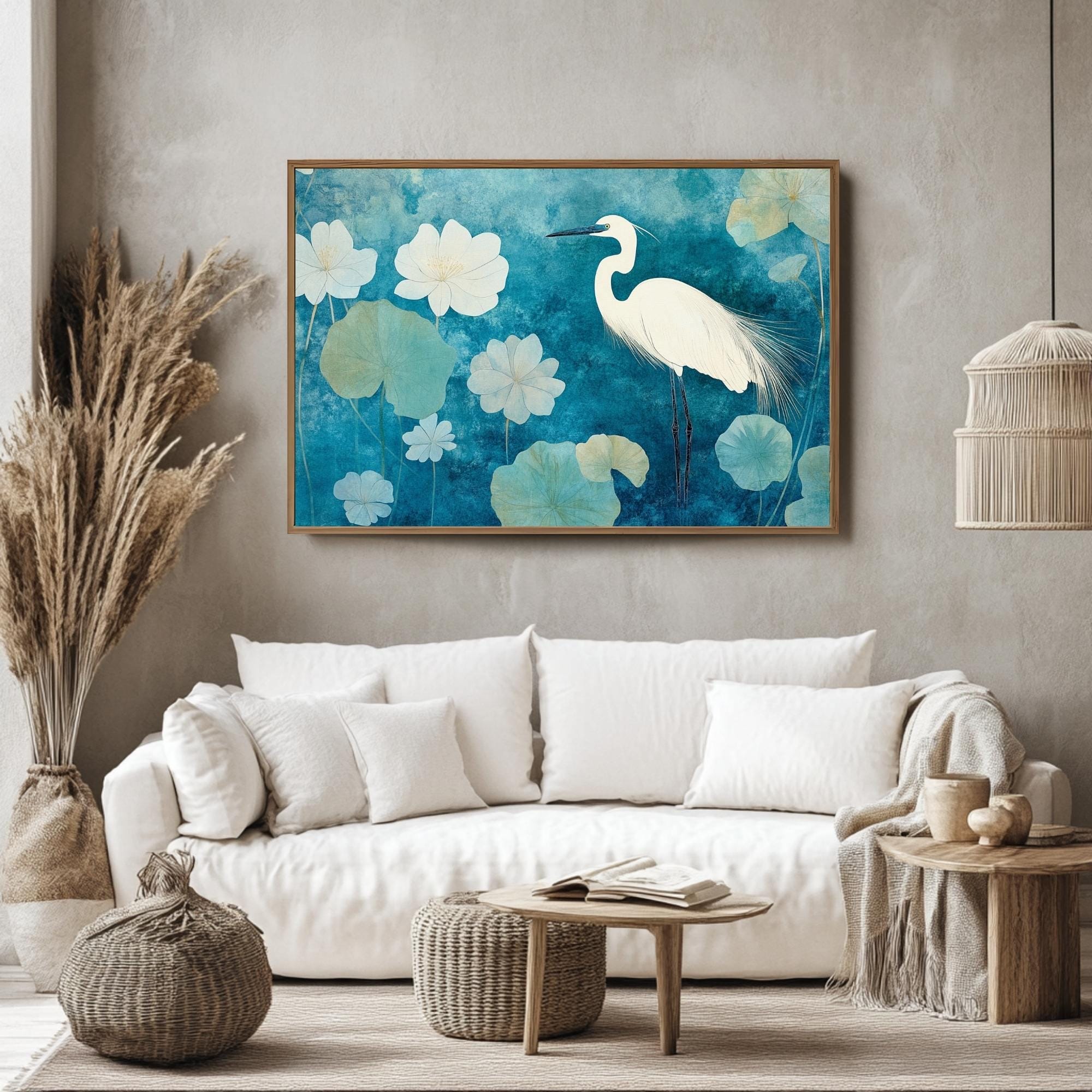 Heron Wooden Frame Canvas, Heron Bird Wall Art, Lotus Flower Print, Blue Water Garden Decor, Zen Pond Artwork, Tranquil Bird Painting