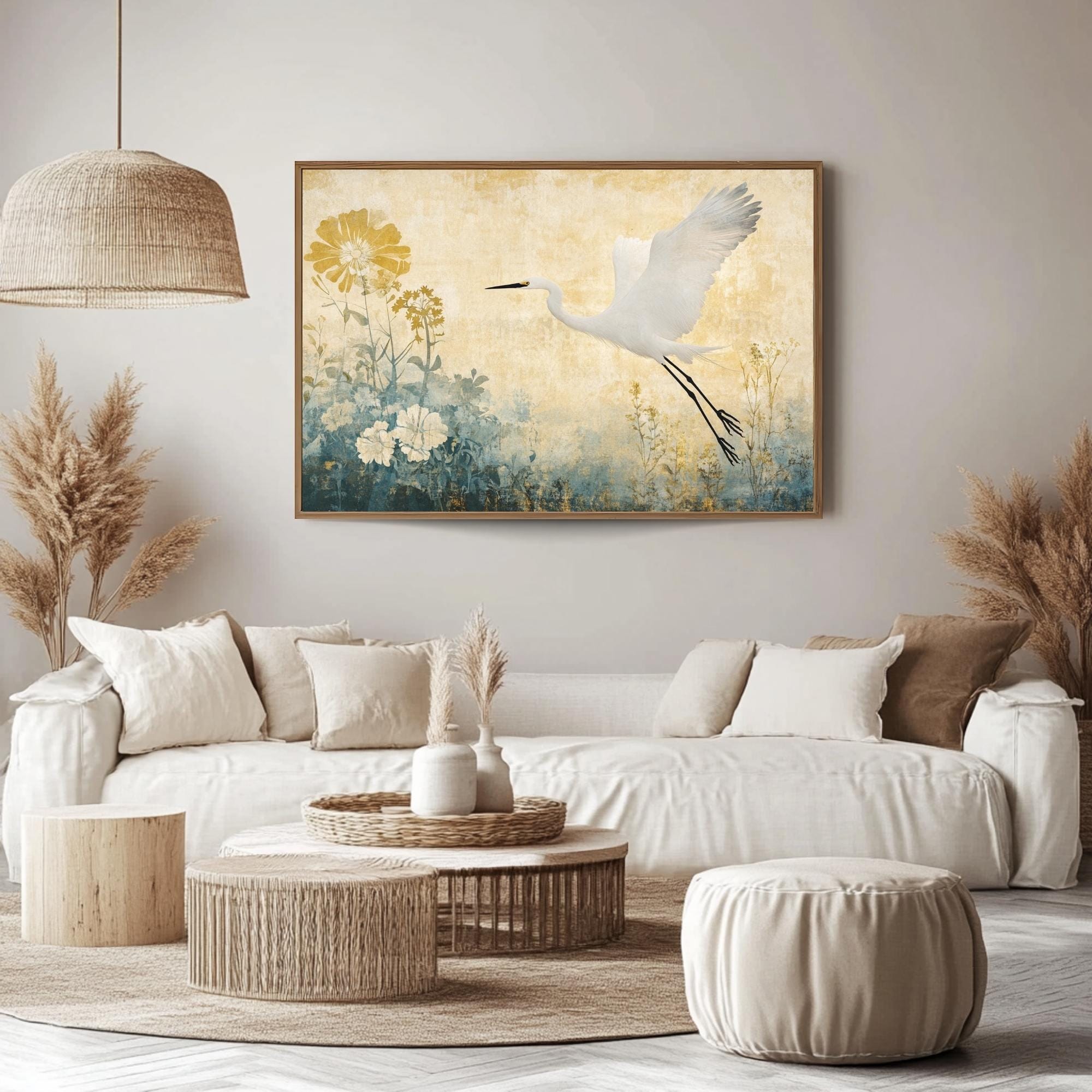 Egret Wooden Frame Canvas, Egret Bird Wall Art, Floral Meadow Print, Yellow Garden Scene, Flying Bird Artwork, Nature Inspired Home Decor