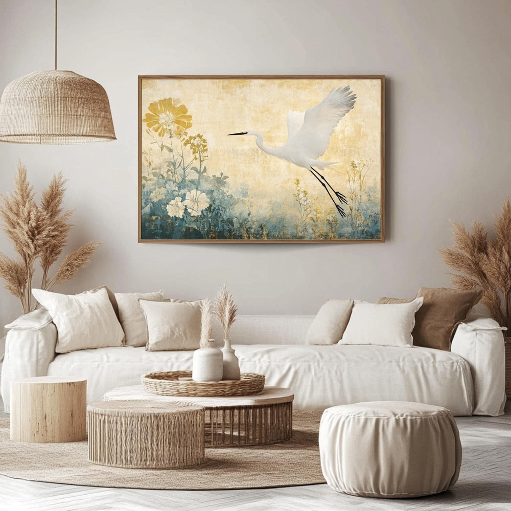 Egret Wooden Frame Canvas, Egret Bird Wall Art, Floral Meadow Print, Yellow Garden Scene, Flying Bird Artwork, Nature Inspired Home Decor