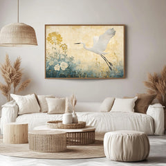 Egret Wooden Frame Canvas, Egret Bird Wall Art, Floral Meadow Print, Yellow Garden Scene, Flying Bird Artwork, Nature Inspired Home Decor