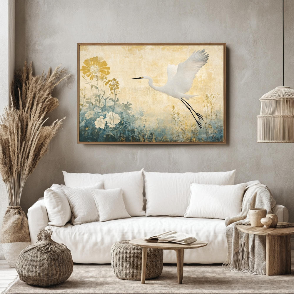Egret Wooden Frame Canvas, Egret Bird Wall Art, Floral Meadow Print, Yellow Garden Scene, Flying Bird Artwork, Nature Inspired Home Decor