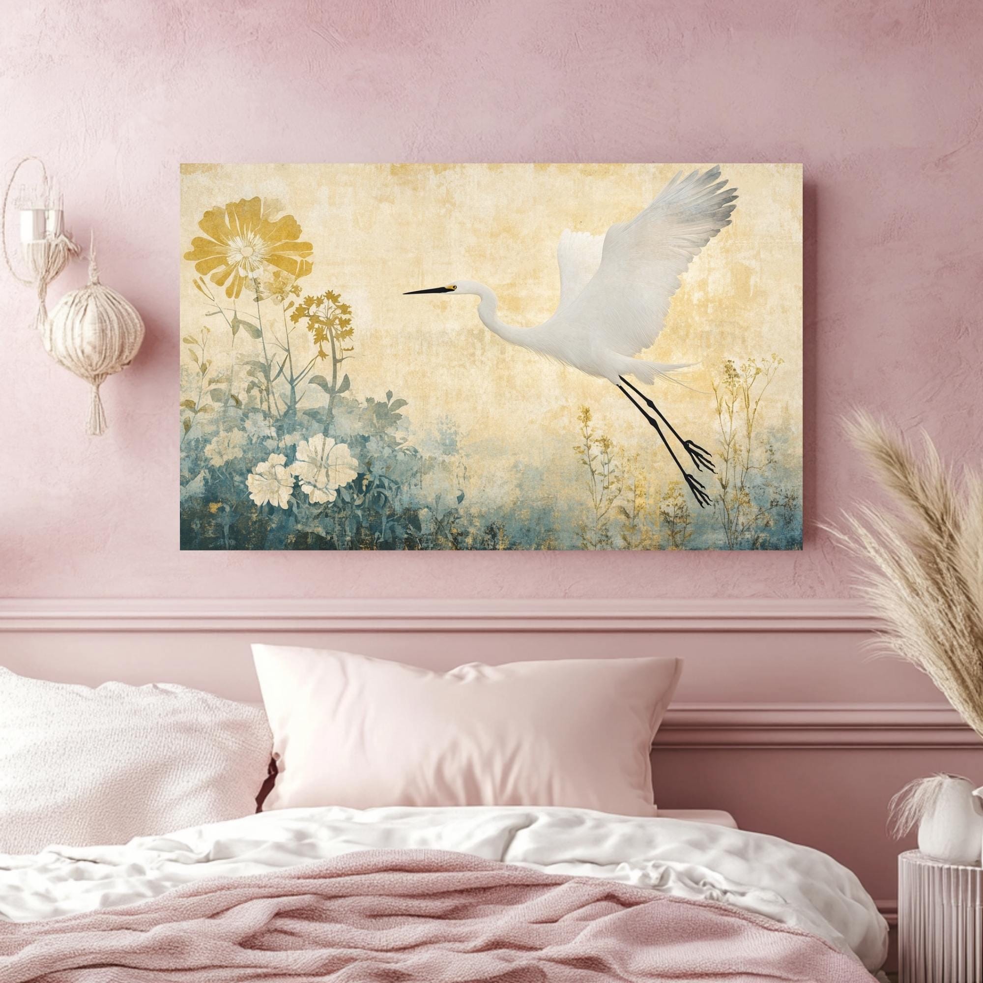 Egret Wooden Frame Canvas, Egret Bird Wall Art, Floral Meadow Print, Yellow Garden Scene, Flying Bird Artwork, Nature Inspired Home Decor