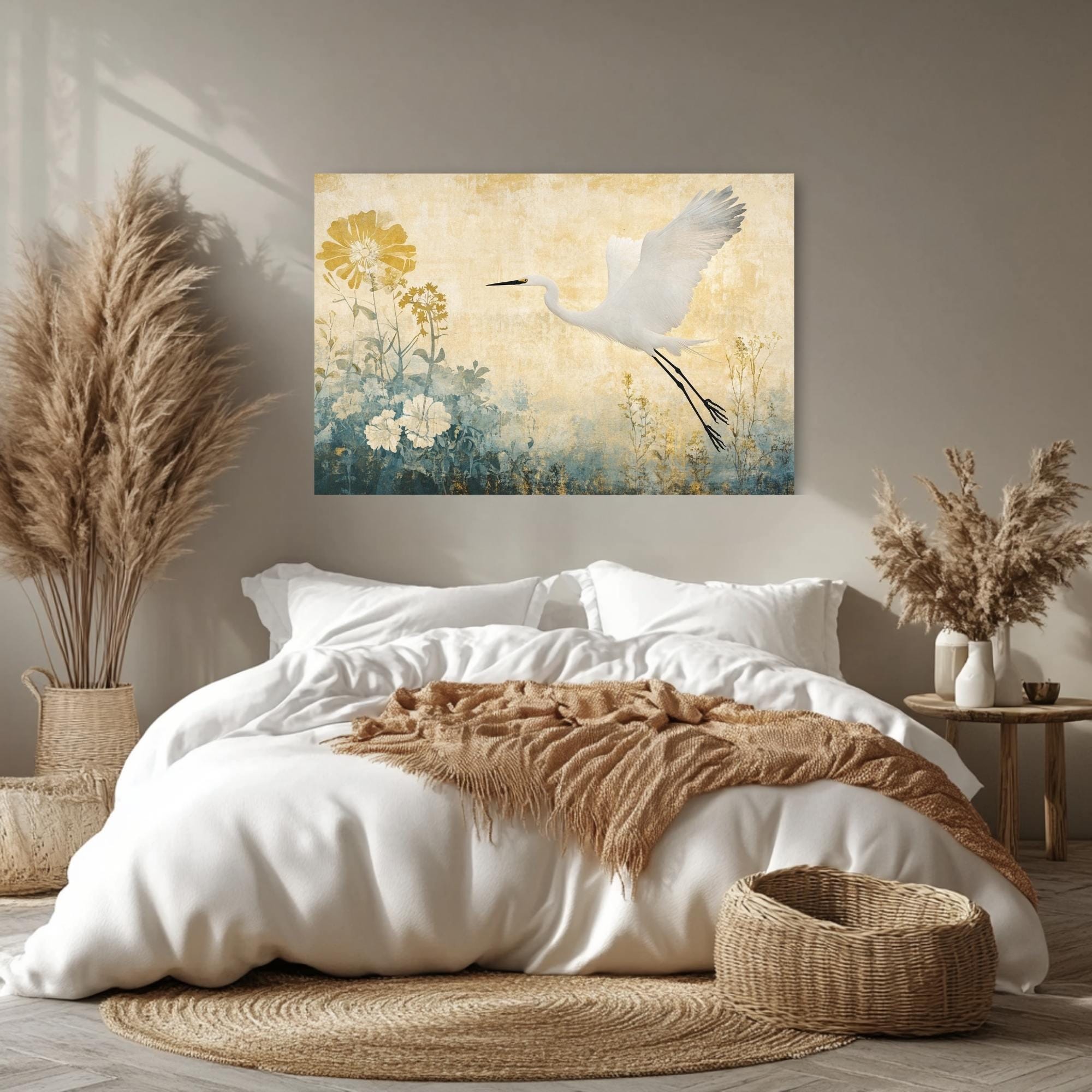 Egret Wooden Frame Canvas, Egret Bird Wall Art, Floral Meadow Print, Yellow Garden Scene, Flying Bird Artwork, Nature Inspired Home Decor