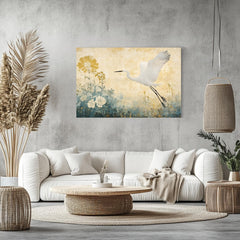 Egret Wooden Frame Canvas, Egret Bird Wall Art, Floral Meadow Print, Yellow Garden Scene, Flying Bird Artwork, Nature Inspired Home Decor