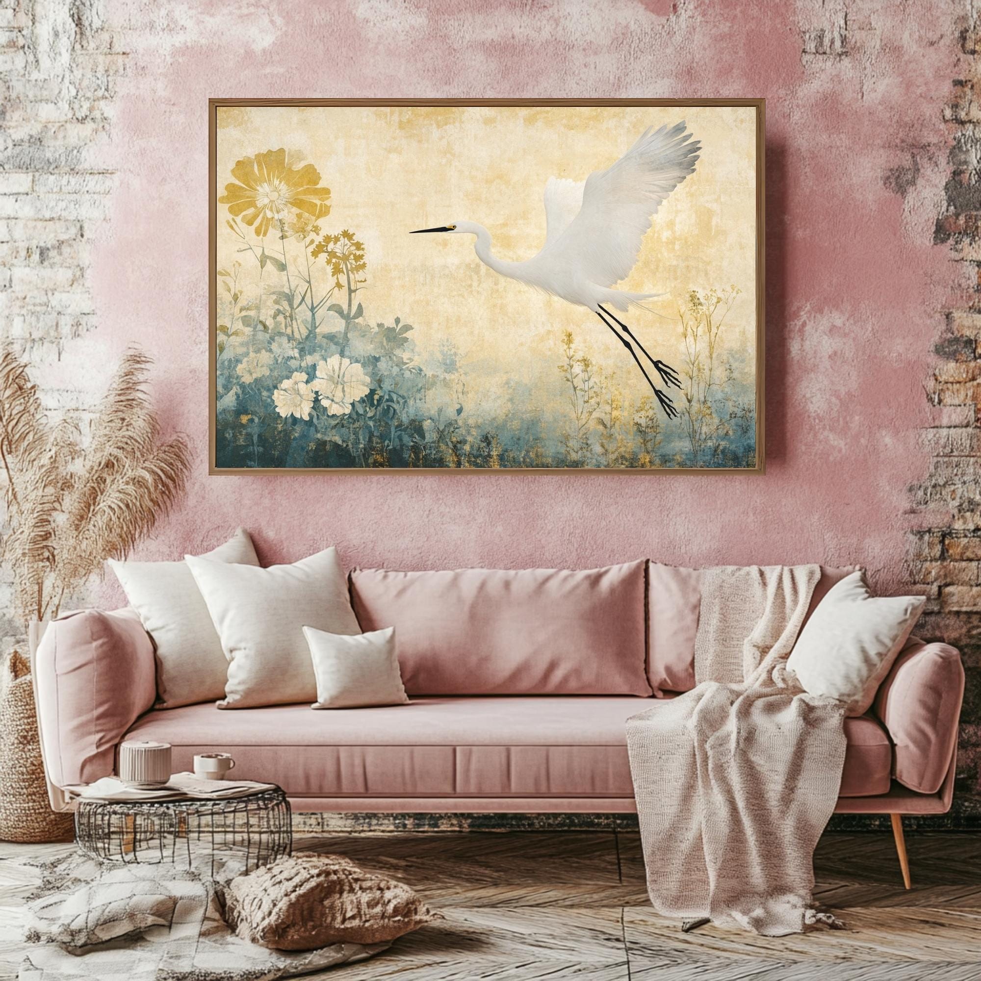 Egret Wooden Frame Canvas, Egret Bird Wall Art, Floral Meadow Print, Yellow Garden Scene, Flying Bird Artwork, Nature Inspired Home Decor