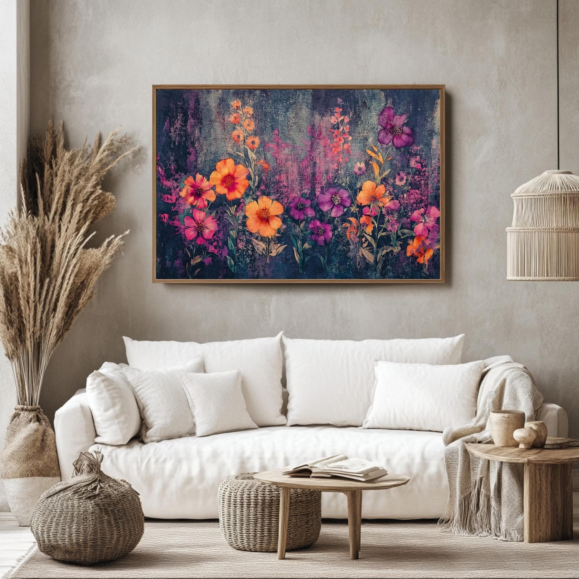 Wildflower Field Wall Art, Purple Orange Floral Print, Botanical Bloom Scene, Garden Flowers Artwork, Vibrant Nature Framed Decor