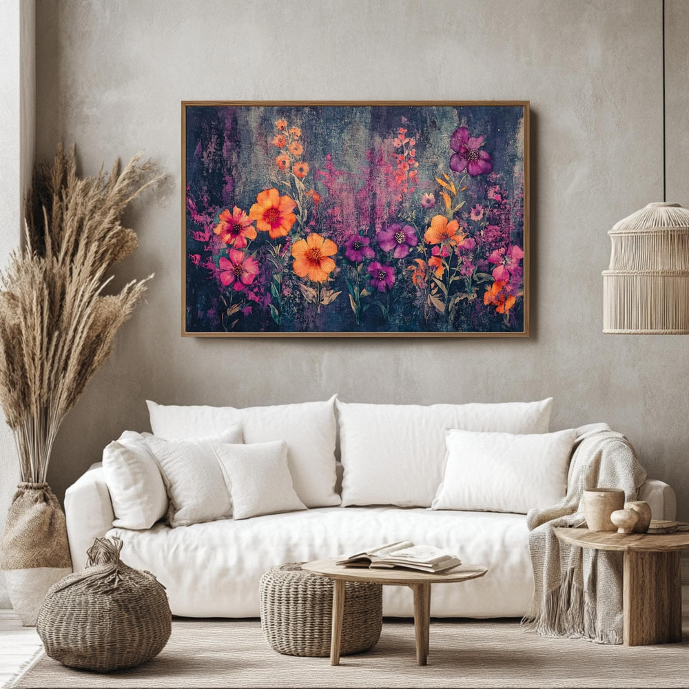 Wildflower Field Wall Art, Purple Orange Floral Print, Botanical Bloom Scene, Garden Flowers Artwork, Vibrant Nature Framed Decor