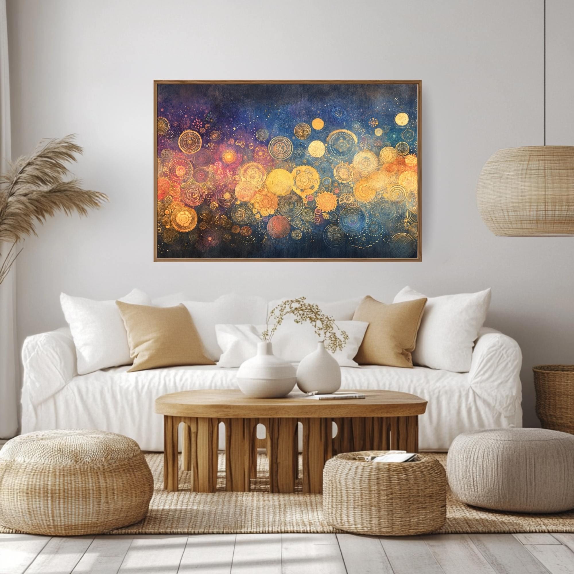 Golden Circle Wall Art Wooden Frame Canvas, Abstract Geometric Print, Metallic Orb Design, Cosmic Energy Artwork, Modern Zen Decor