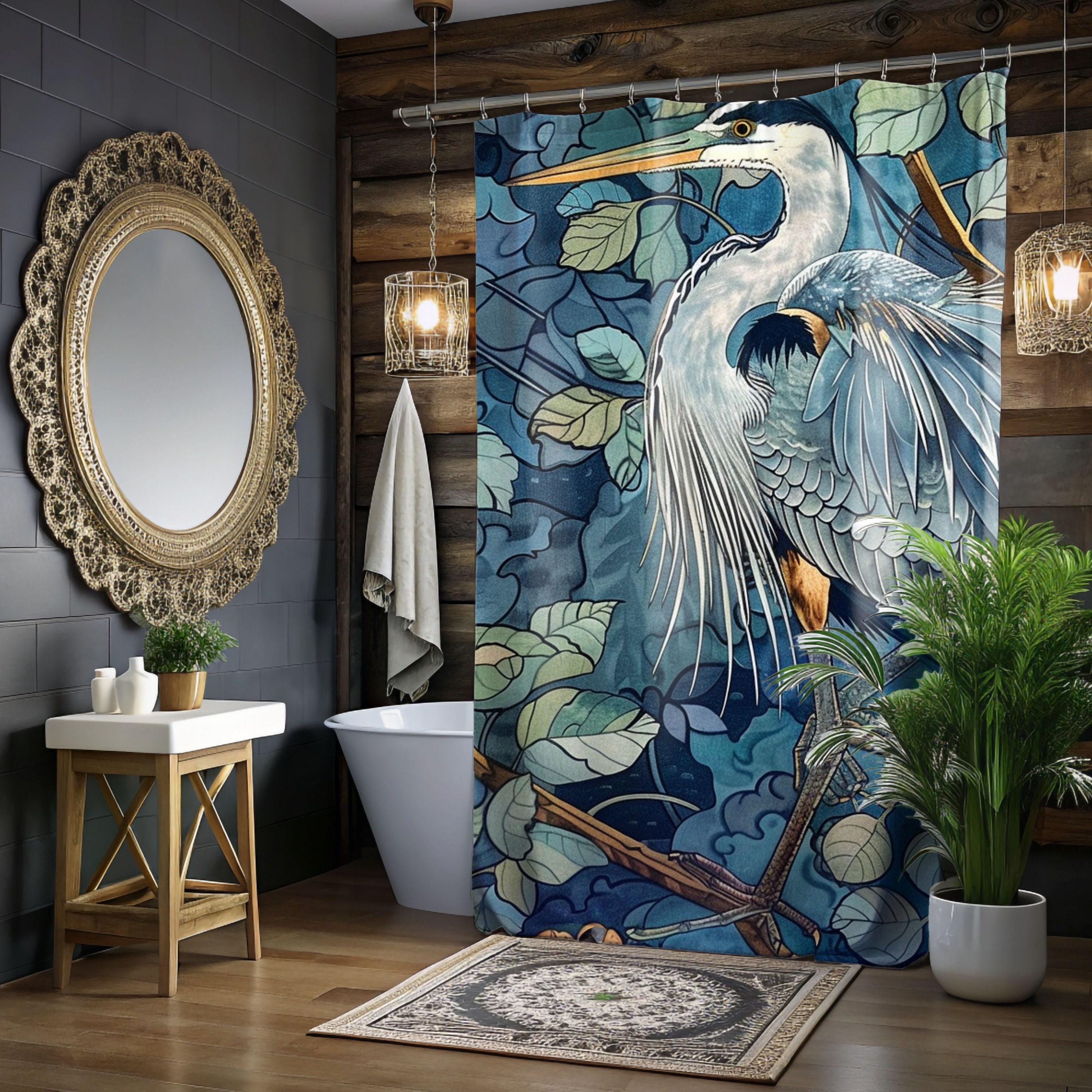 Blue Heron Printed Coastal William Morris Shower Curtain, Bathroom Decor, Bathroom Accessories, Bathroom Shower Curtain, Coastal Decor