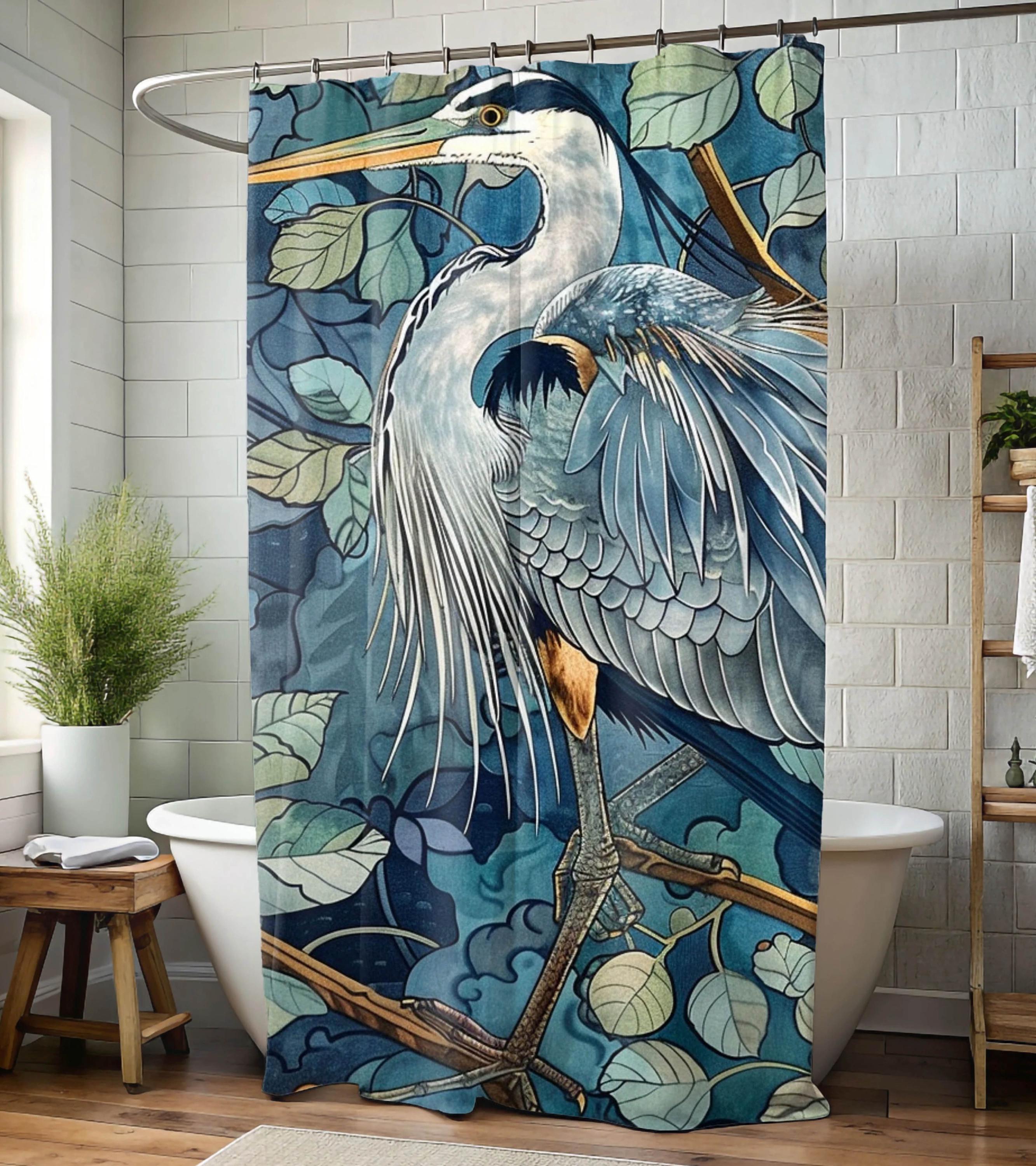 Blue Heron Printed Coastal William Morris Shower Curtain, Bathroom Decor, Bathroom Accessories, Bathroom Shower Curtain, Coastal Decor