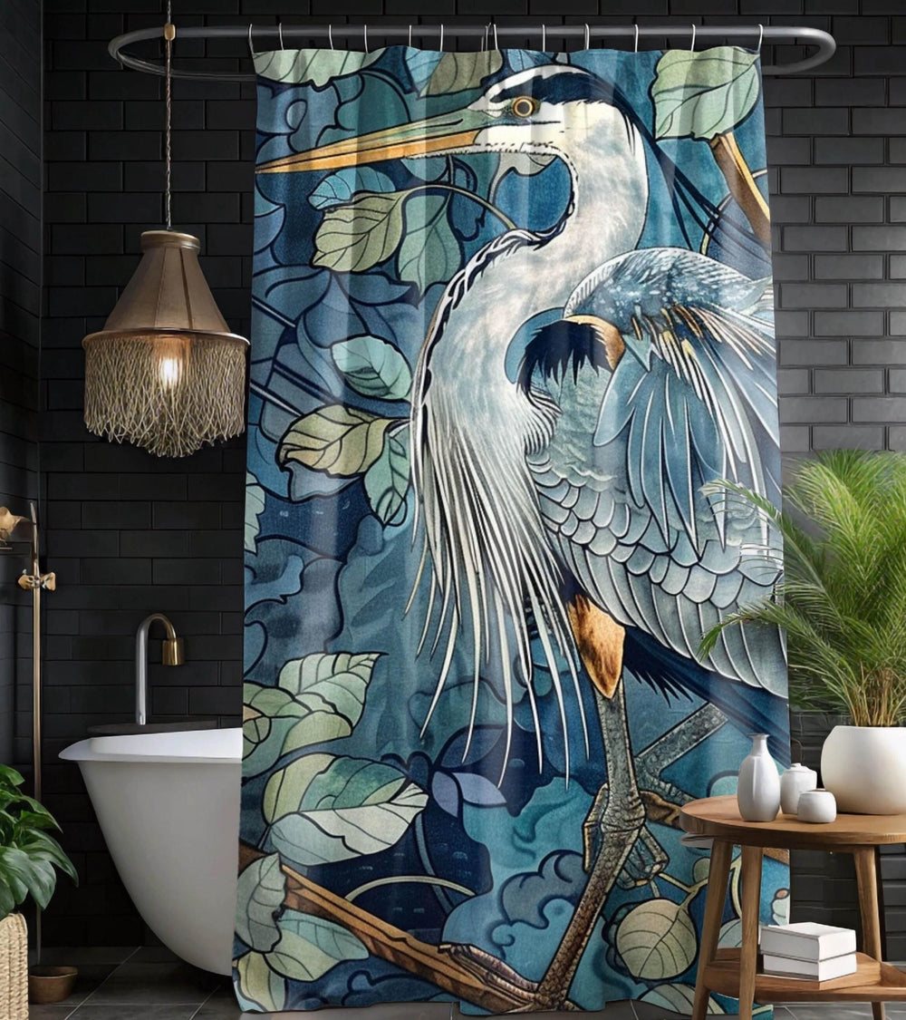 Blue Heron Printed Coastal William Morris Shower Curtain, Bathroom Decor, Bathroom Accessories, Bathroom Shower Curtain, Coastal Decor