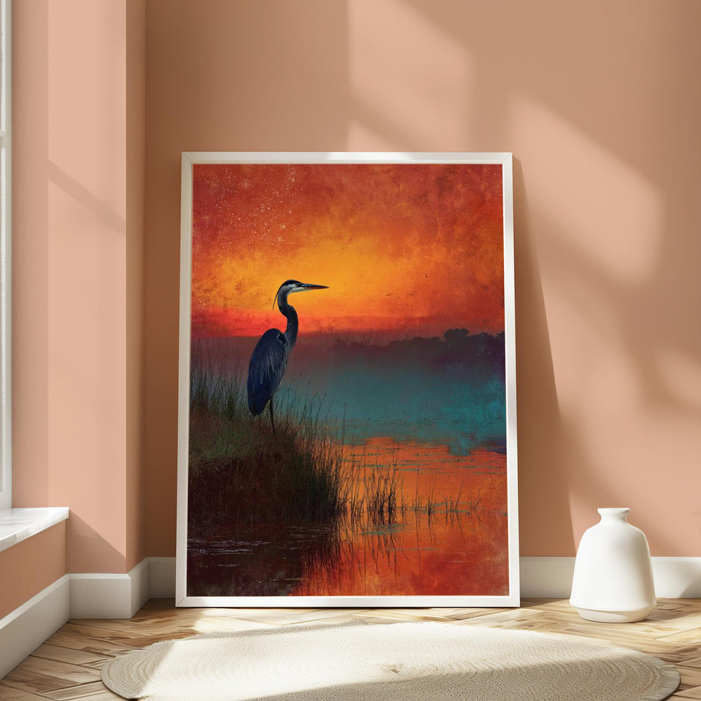 Heron at Sunset Wall Art, Bird Lake Landscape Canvas, Peaceful Nature Portrait, Rustic Home Decor, Gift for Bird Lovers