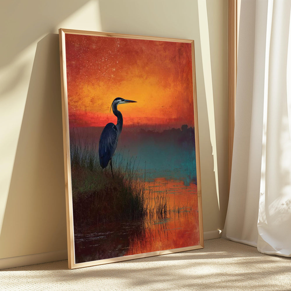Heron at Sunset Wall Art, Bird Lake Landscape Canvas, Peaceful Nature Portrait, Rustic Home Decor, Gift for Bird Lovers