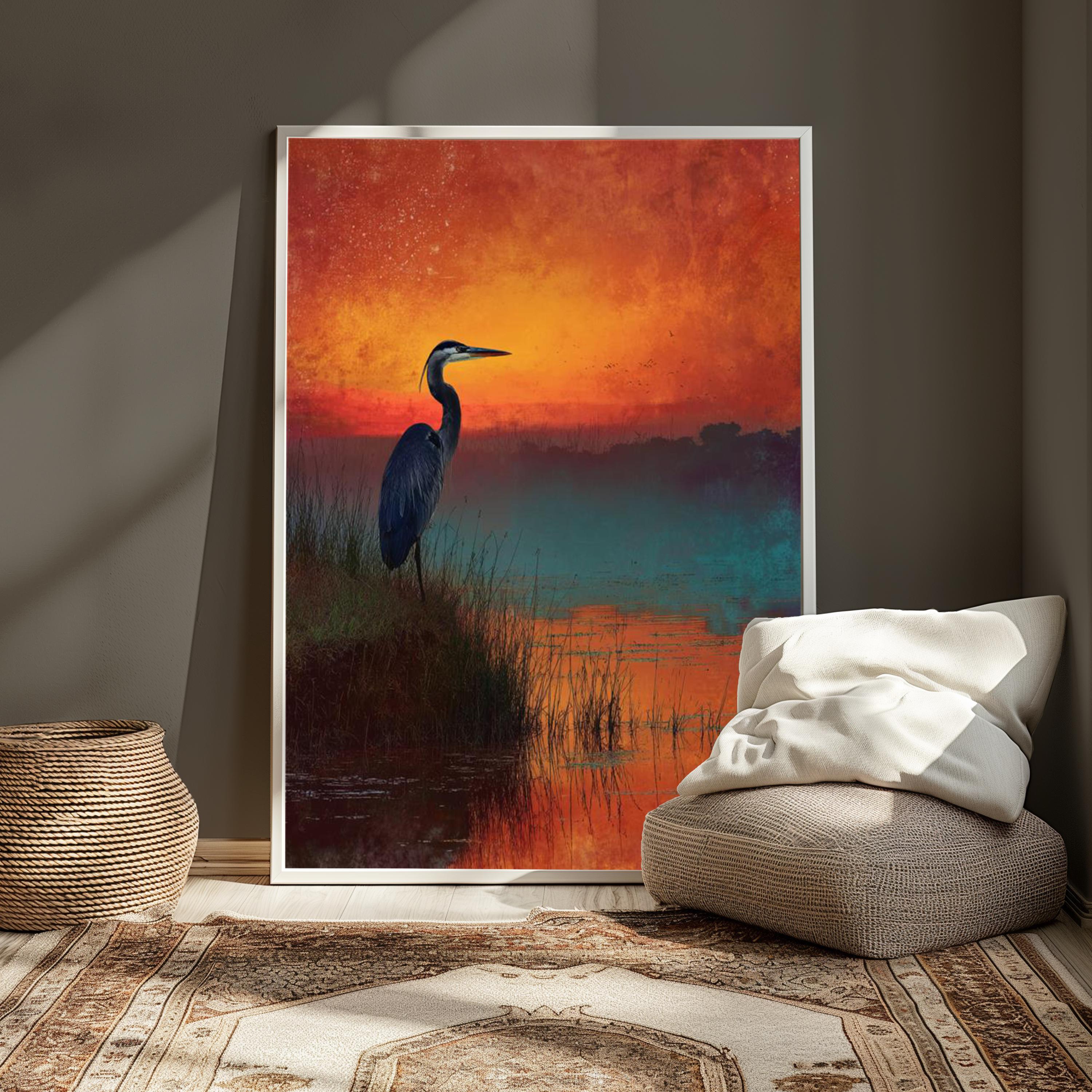 Heron at Sunset Wall Art, Bird Lake Landscape Canvas, Peaceful Nature Portrait, Rustic Home Decor, Gift for Bird Lovers