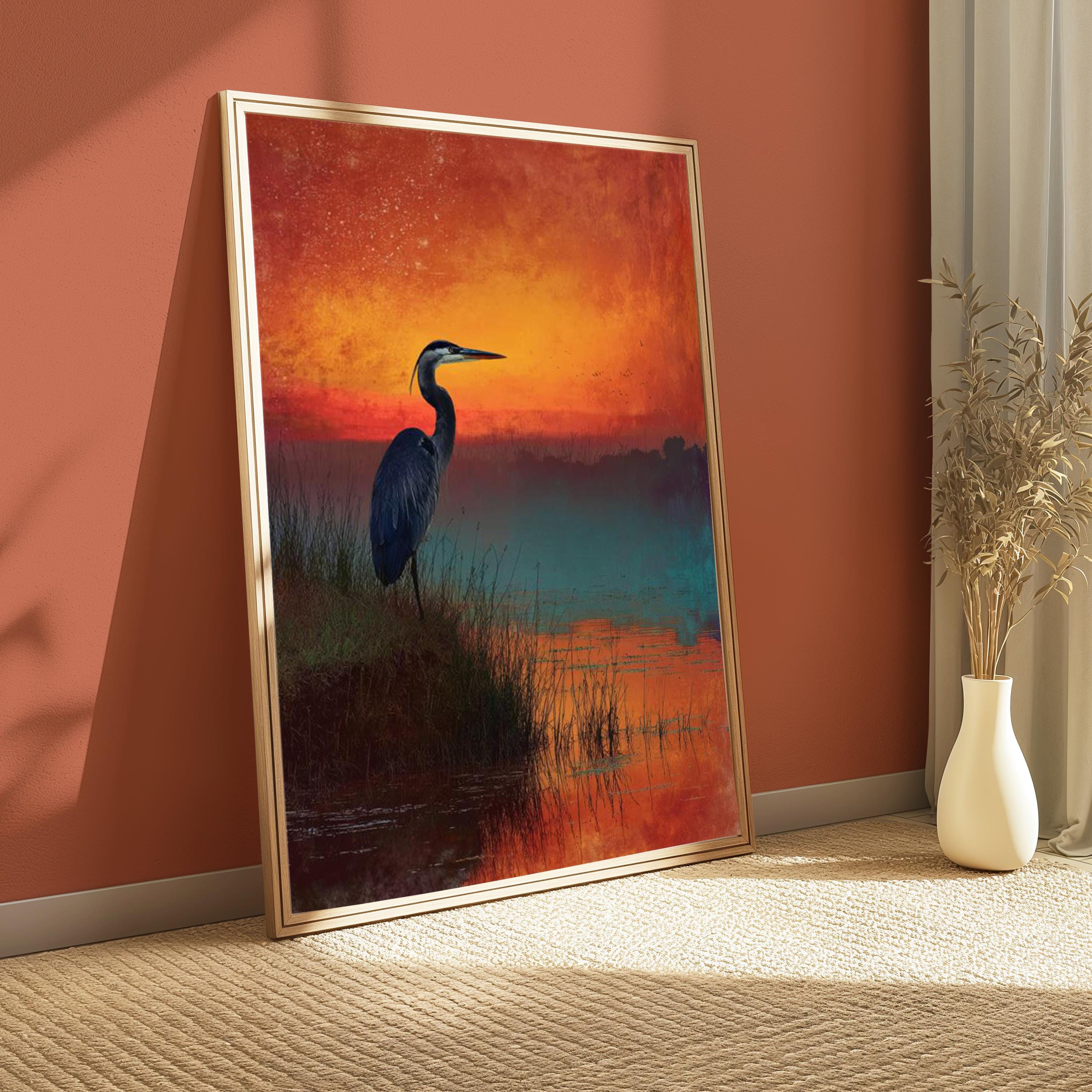 Heron at Sunset Wall Art, Bird Lake Landscape Canvas, Peaceful Nature Portrait, Rustic Home Decor, Gift for Bird Lovers