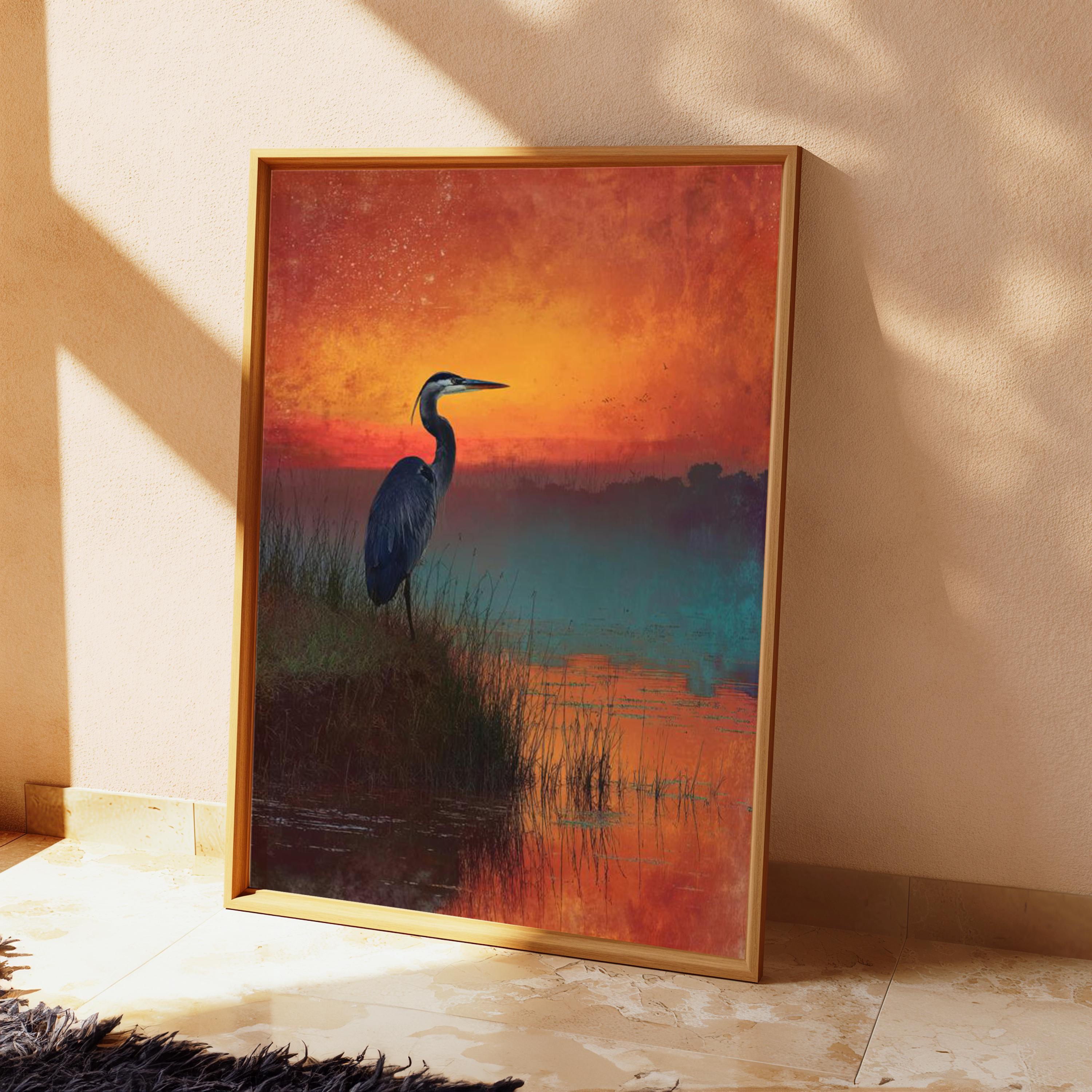 Heron at Sunset Wall Art, Bird Lake Landscape Canvas, Peaceful Nature Portrait, Rustic Home Decor, Gift for Bird Lovers