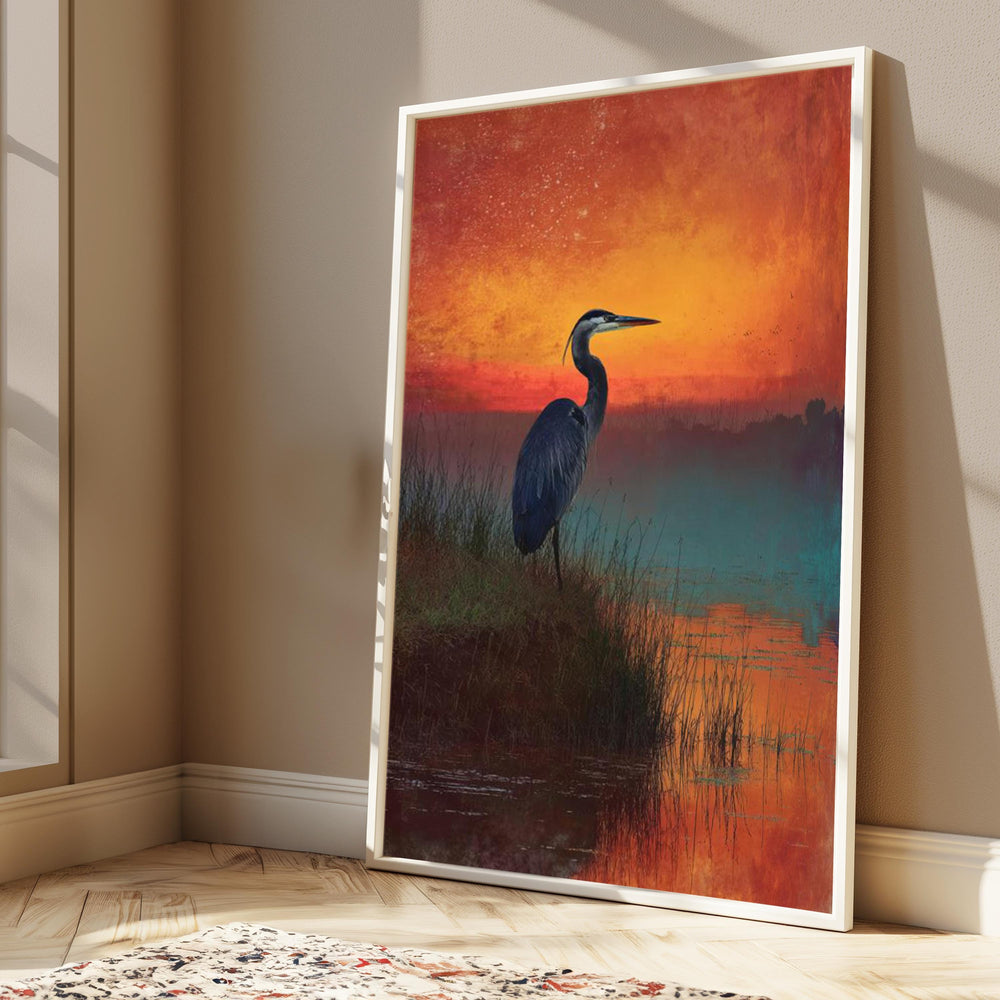 Heron at Sunset Wall Art, Bird Lake Landscape Canvas, Peaceful Nature Portrait, Rustic Home Decor, Gift for Bird Lovers