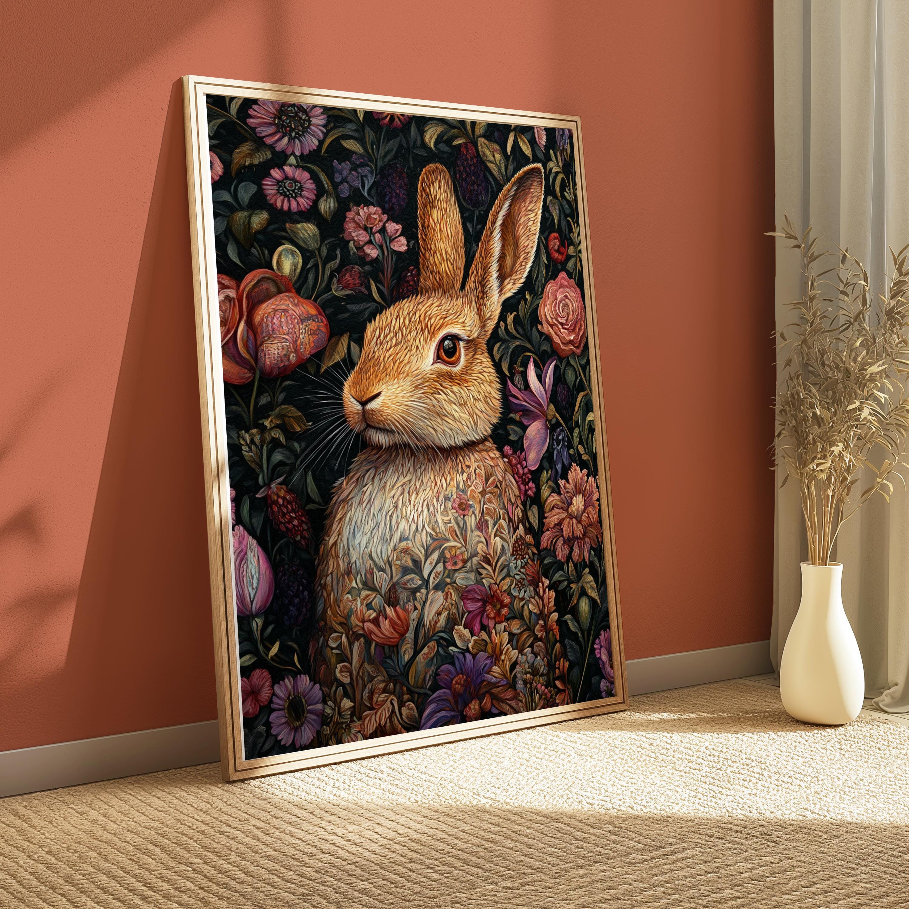 Floral Bunny Wall Art, William Morris Rabbit Canvas, Cottagecore Animal Print, Botanical Nature Decor, Gift for Rabbit Lovers