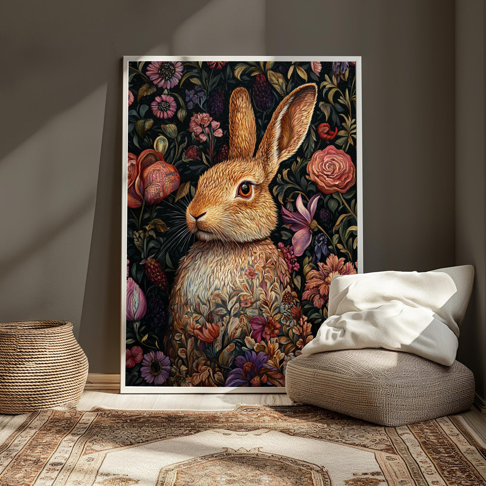 Floral Bunny Wall Art, William Morris Rabbit Canvas, Cottagecore Animal Print, Botanical Nature Decor, Gift for Rabbit Lovers