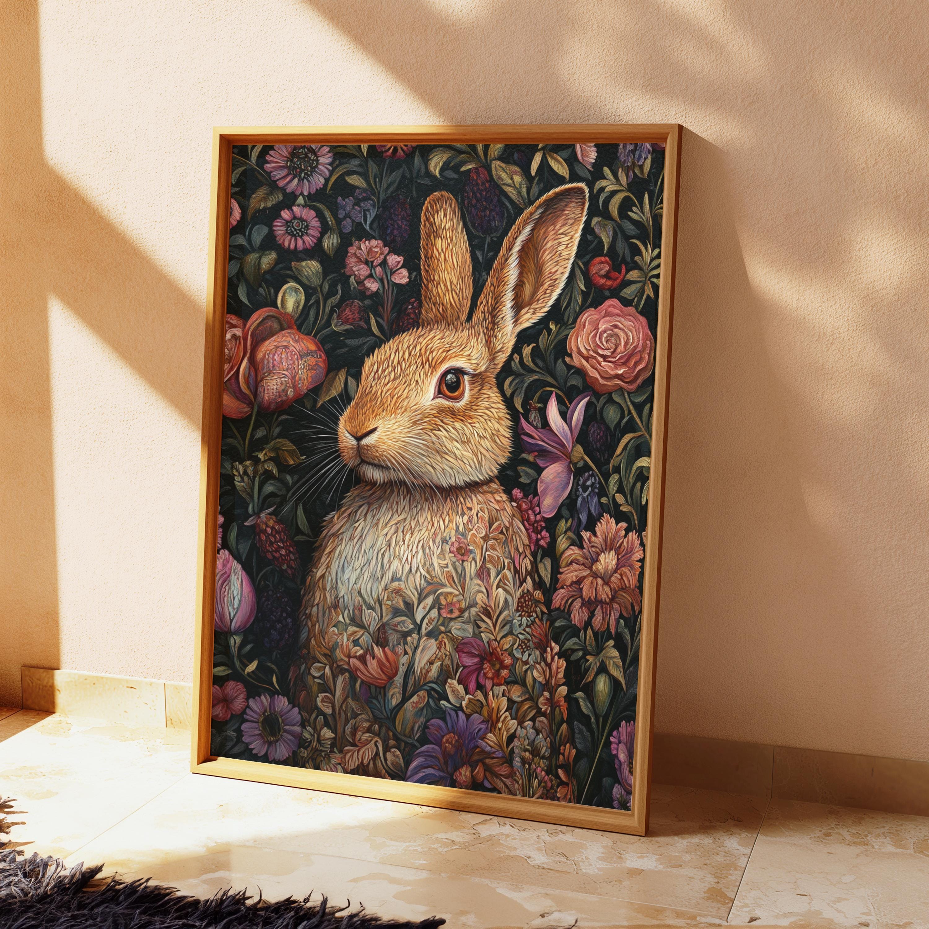 Floral Bunny Wall Art, William Morris Rabbit Canvas, Cottagecore Animal Print, Botanical Nature Decor, Gift for Rabbit Lovers