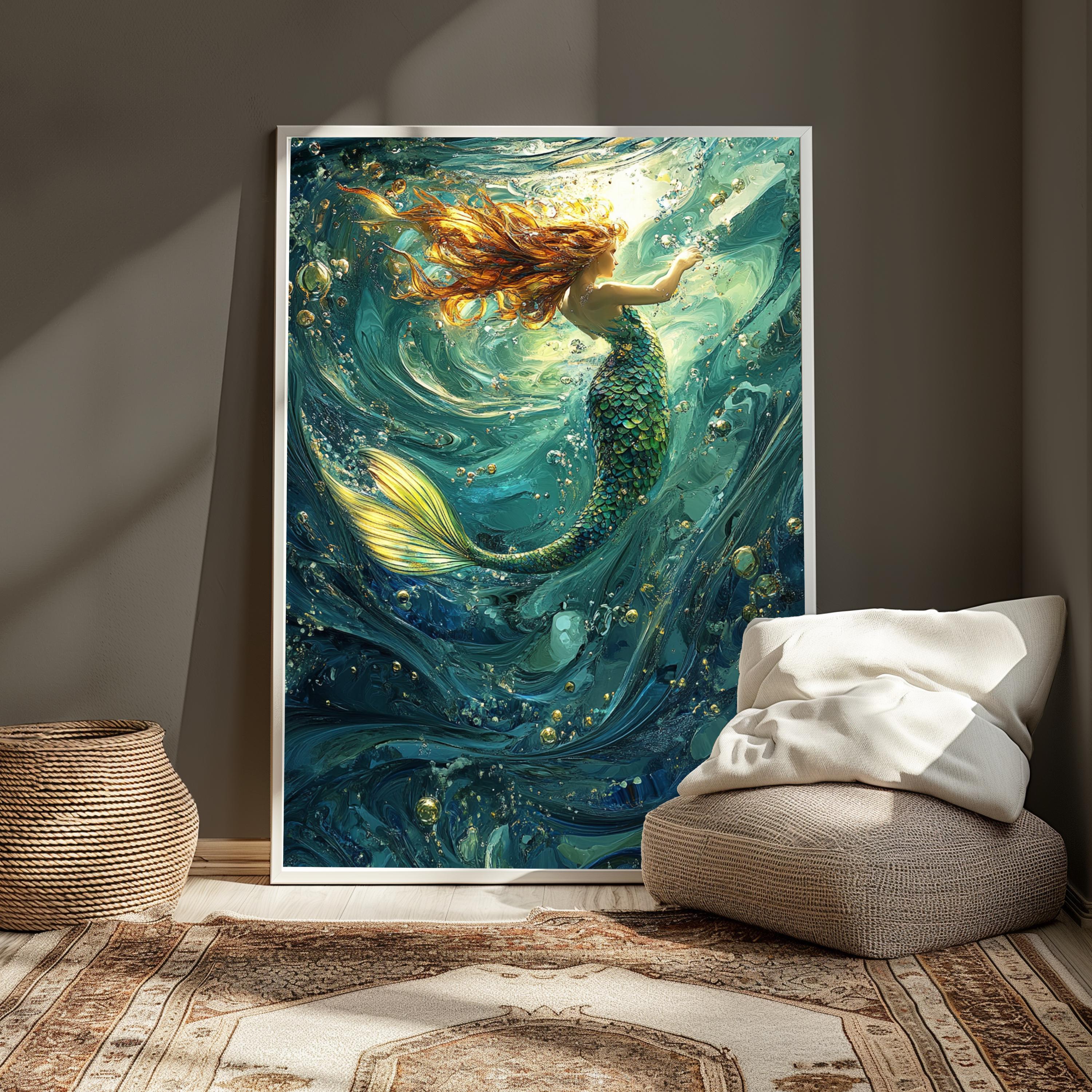 Underwater Mermaid Wall Art, Fantasy Ocean Canvas, Enchanted Sea Decor, Mystical Mermaid Poster, Gift for Mermaid and Ocean Lovers