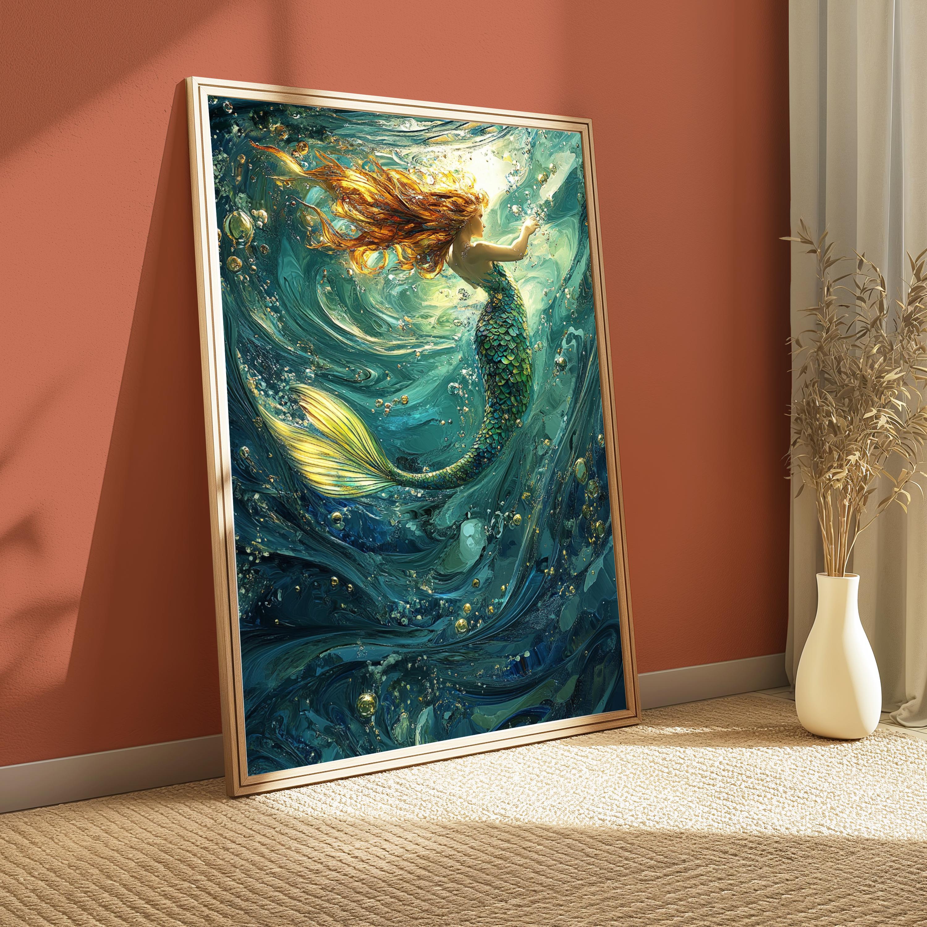 Underwater Mermaid Wall Art, Fantasy Ocean Canvas, Enchanted Sea Decor, Mystical Mermaid Poster, Gift for Mermaid and Ocean Lovers