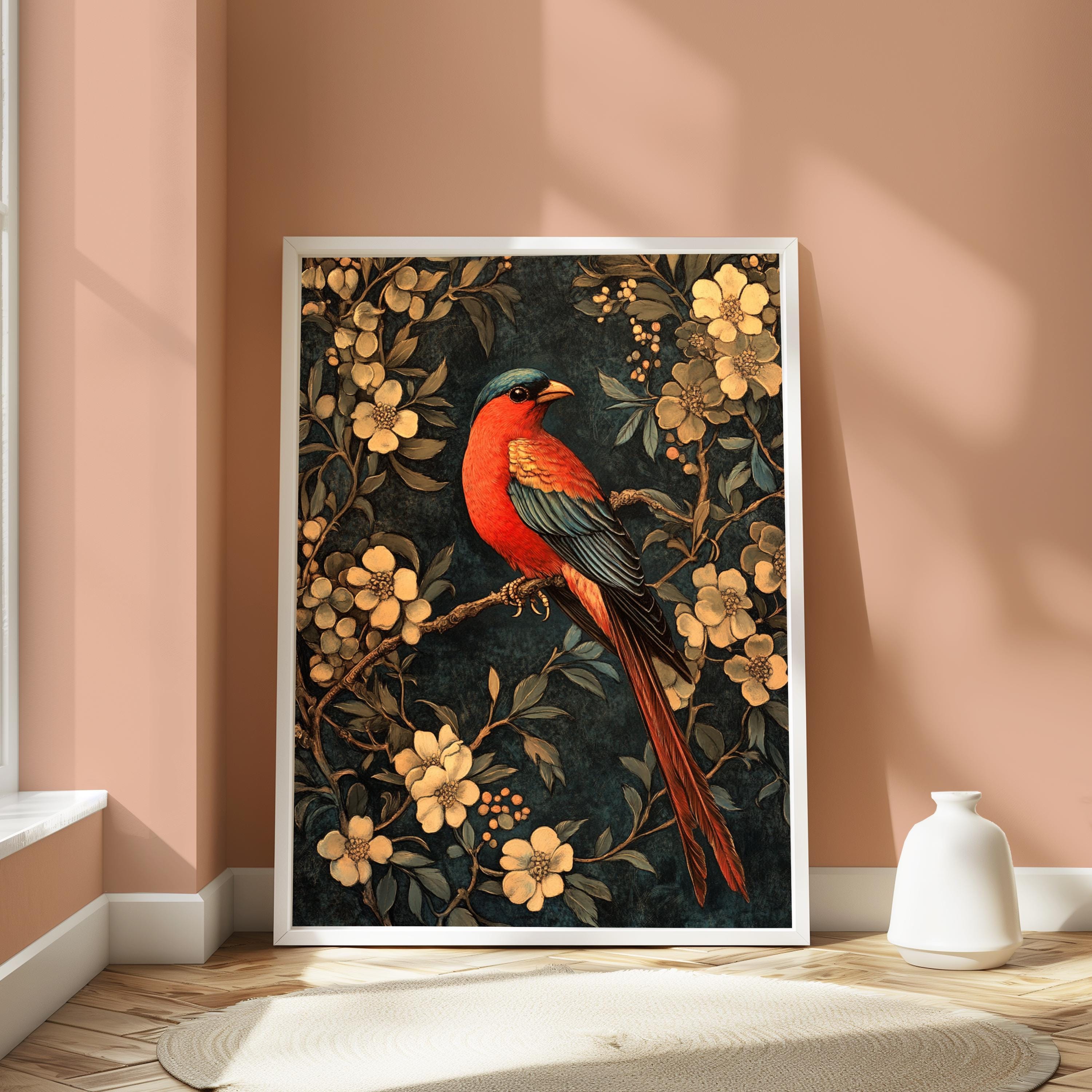 Floral Bird Wall Art, William Morris Inspired Canvas, Vintage Botanical Bird Print, Cottagecore Nature Decor, Gift for Bird Lovers