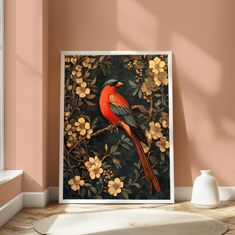 Floral Bird Wall Art, William Morris Inspired Canvas, Vintage Botanical Bird Print, Cottagecore Nature Decor, Gift for Bird Lovers