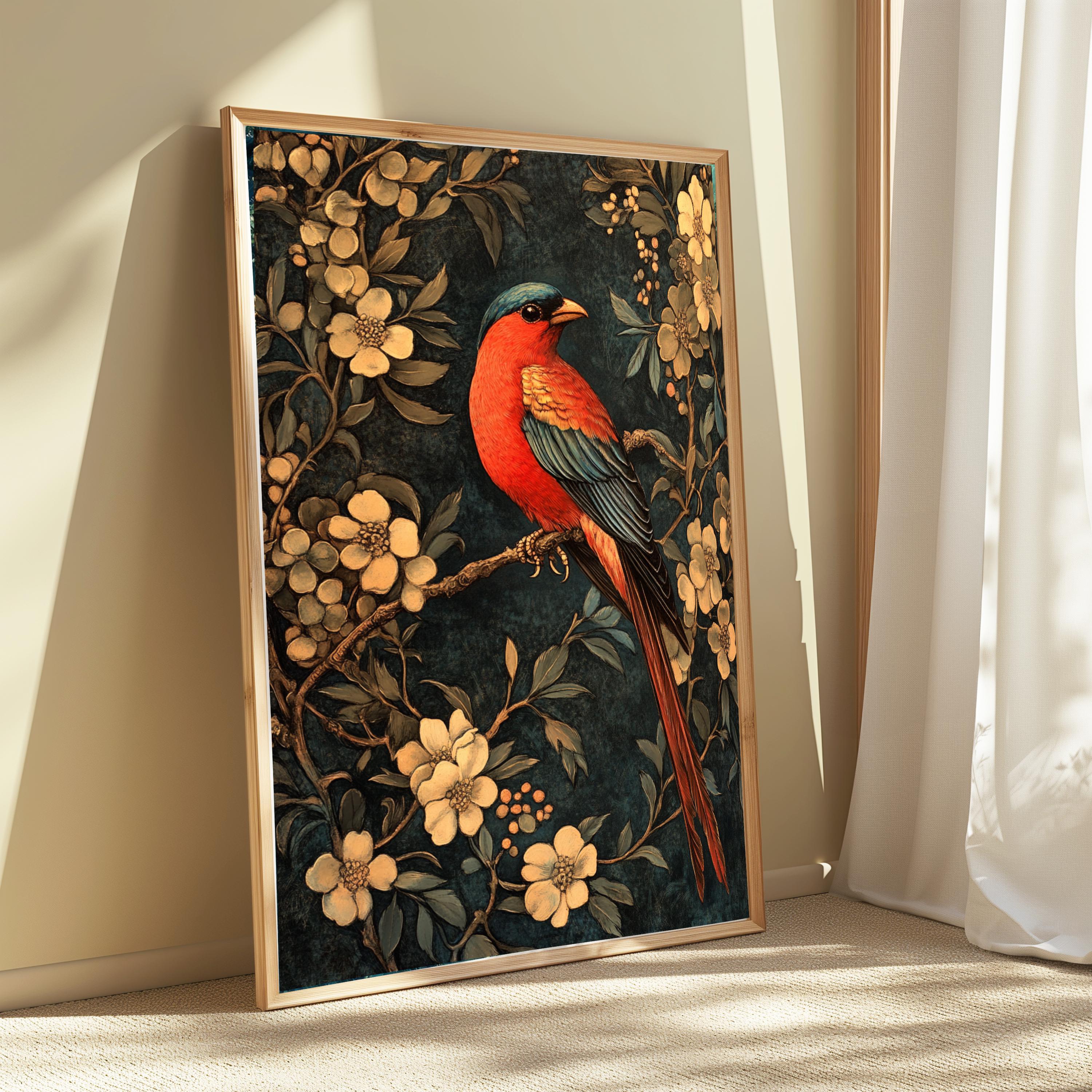 Floral Bird Wall Art, William Morris Inspired Canvas, Vintage Botanical Bird Print, Cottagecore Nature Decor, Gift for Bird Lovers