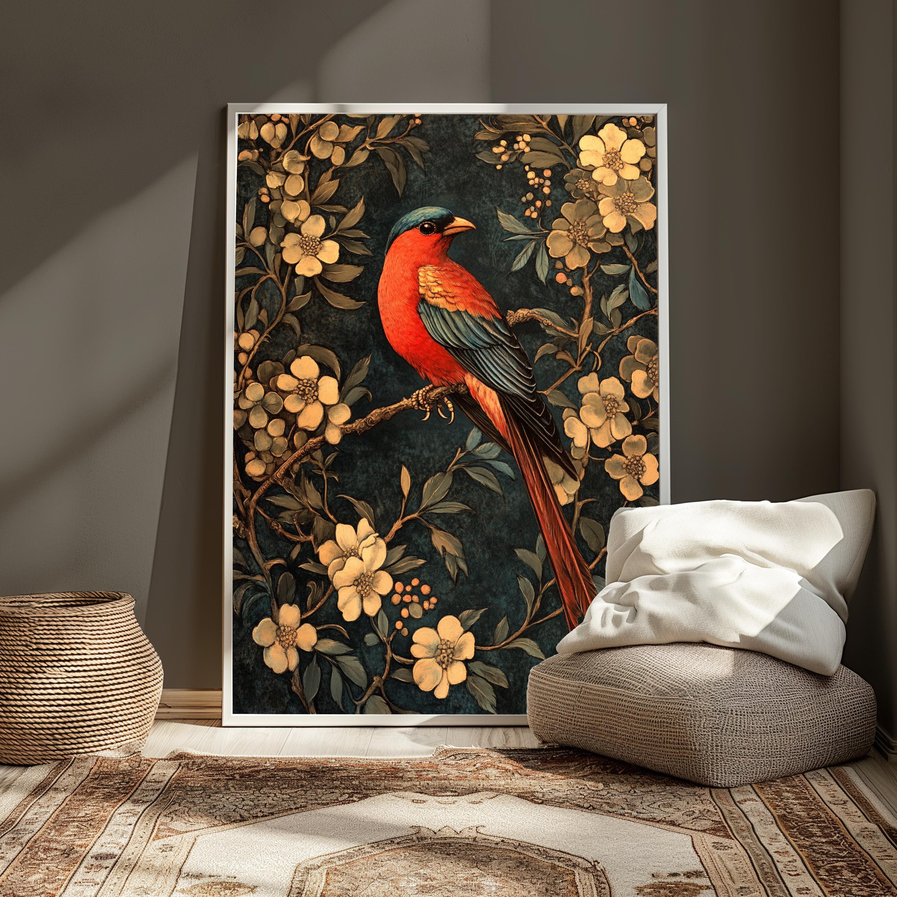 Floral Bird Wall Art, William Morris Inspired Canvas, Vintage Botanical Bird Print, Cottagecore Nature Decor, Gift for Bird Lovers