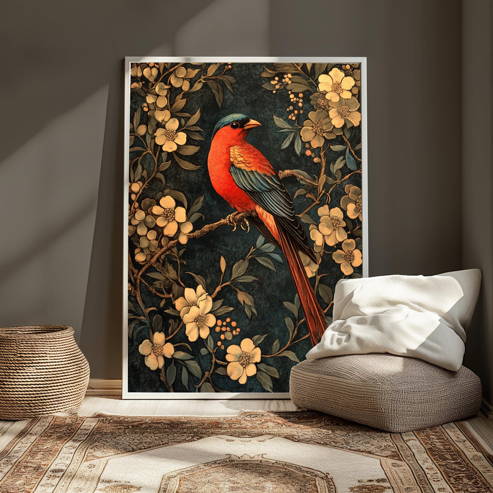 Floral Bird Wall Art, William Morris Inspired Canvas, Vintage Botanical Bird Print, Cottagecore Nature Decor, Gift for Bird Lovers