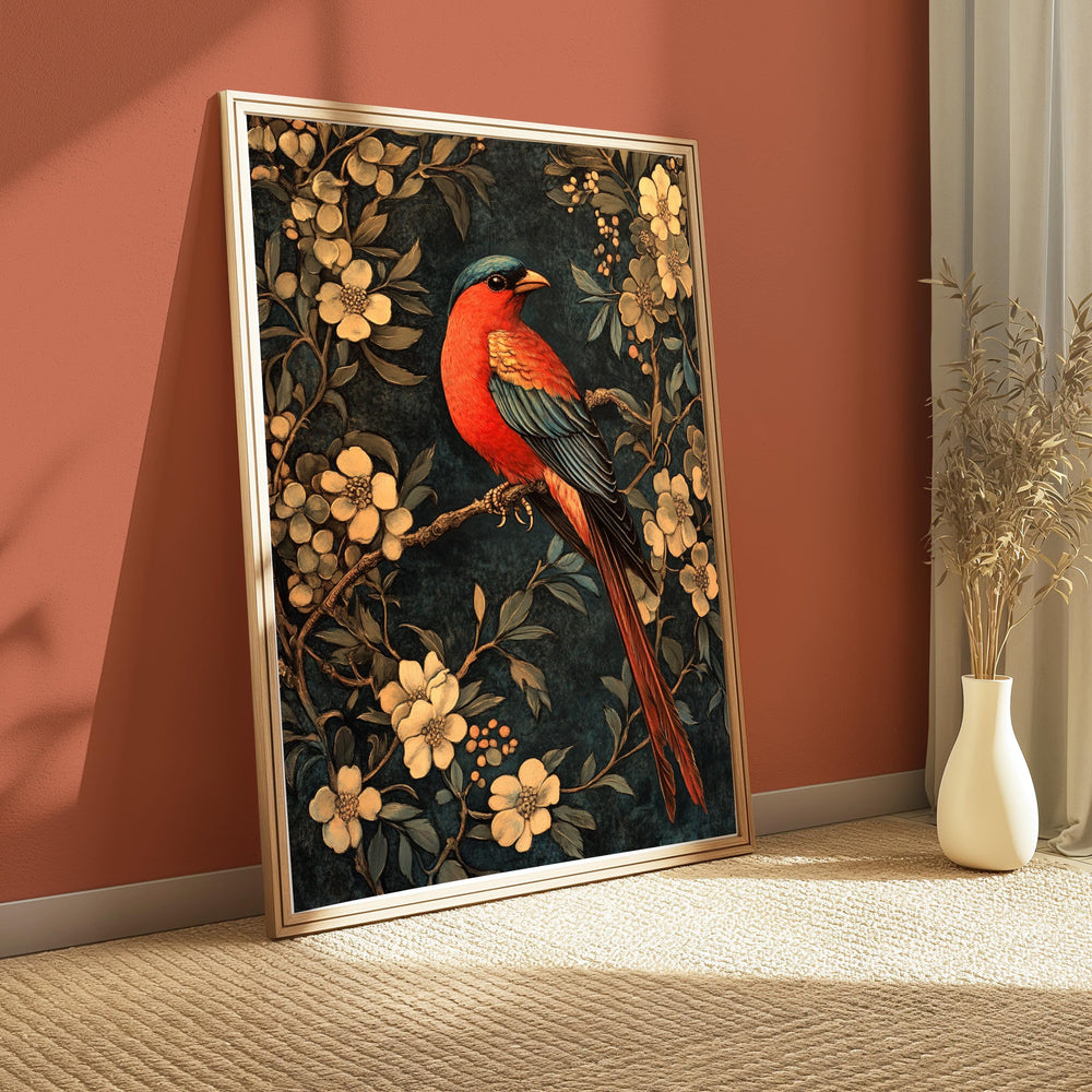 Floral Bird Wall Art, William Morris Inspired Canvas, Vintage Botanical Bird Print, Cottagecore Nature Decor, Gift for Bird Lovers