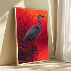 Sunset Heron Wall Art, Vibrant Bird Lake Canvas, Bold Nature Portrait Print, Rustic Wildlife Decor, Gift for Bird and Nature Lovers