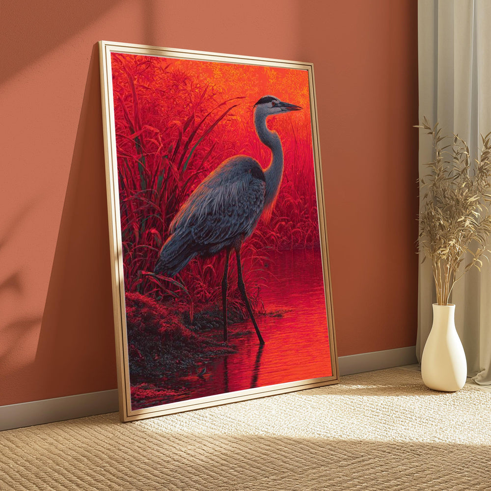 Sunset Heron Wall Art, Vibrant Bird Lake Canvas, Bold Nature Portrait Print, Rustic Wildlife Decor, Gift for Bird and Nature Lovers