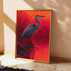 Sunset Heron Wall Art, Vibrant Bird Lake Canvas, Bold Nature Portrait Print, Rustic Wildlife Decor, Gift for Bird and Nature Lovers