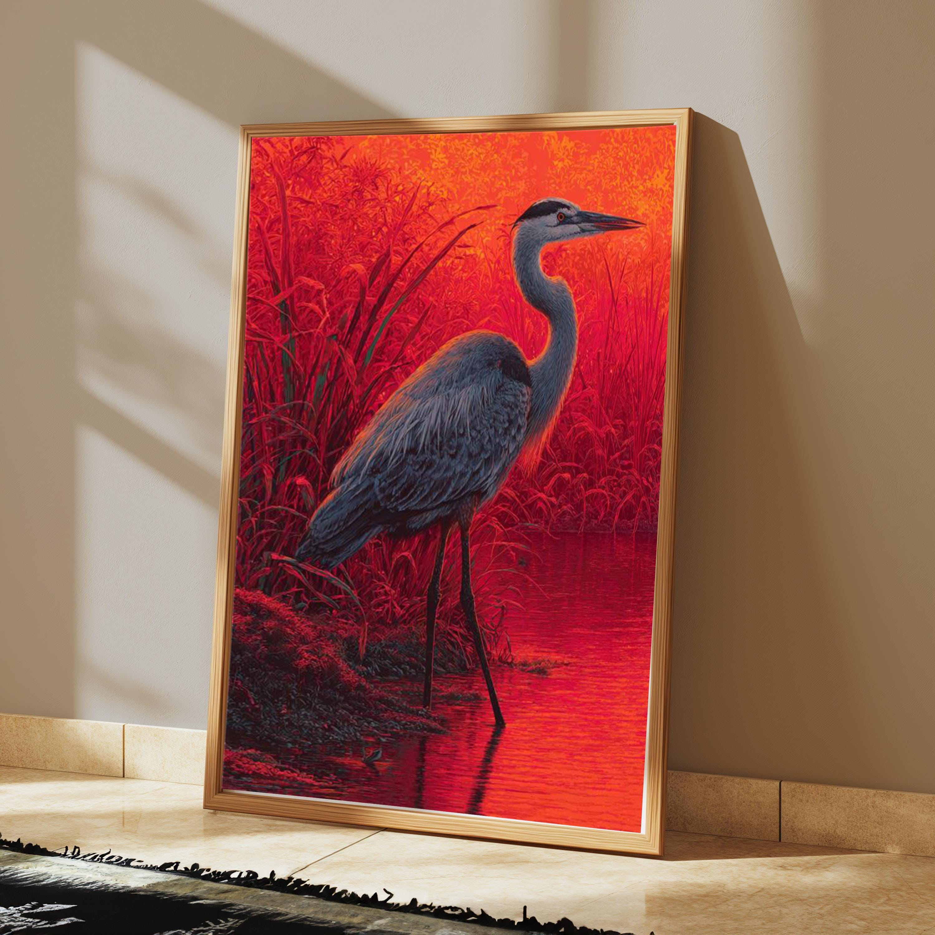Sunset Heron Wall Art, Vibrant Bird Lake Canvas, Bold Nature Portrait Print, Rustic Wildlife Decor, Gift for Bird and Nature Lovers