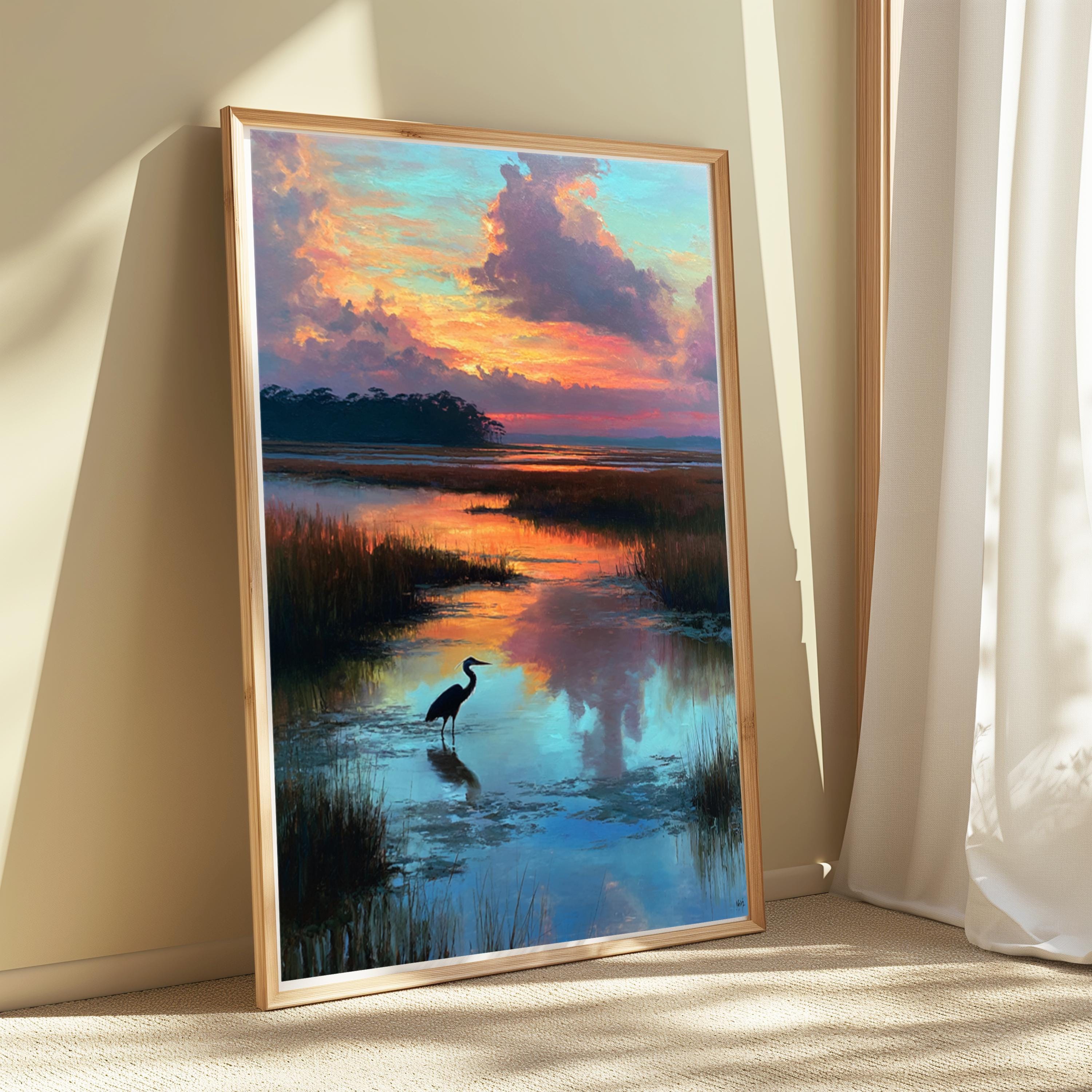 Heron at Marsh Sunset Wall Art, Peaceful Landscape Canvas, Coastal Wetland Nature Decor, Elegant Home Accent, Gift for Nature Lovers