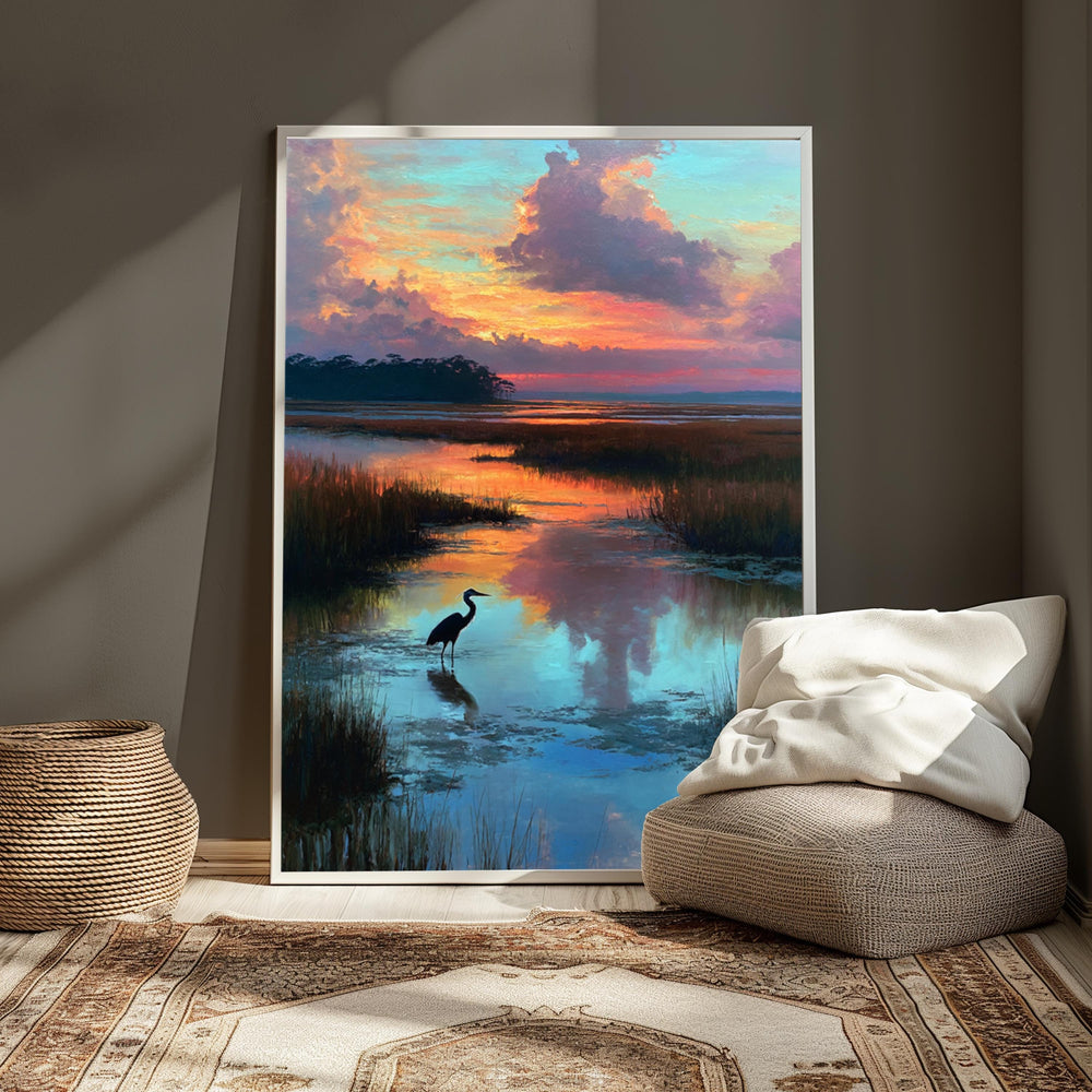 Heron at Marsh Sunset Wall Art, Peaceful Landscape Canvas, Coastal Wetland Nature Decor, Elegant Home Accent, Gift for Nature Lovers